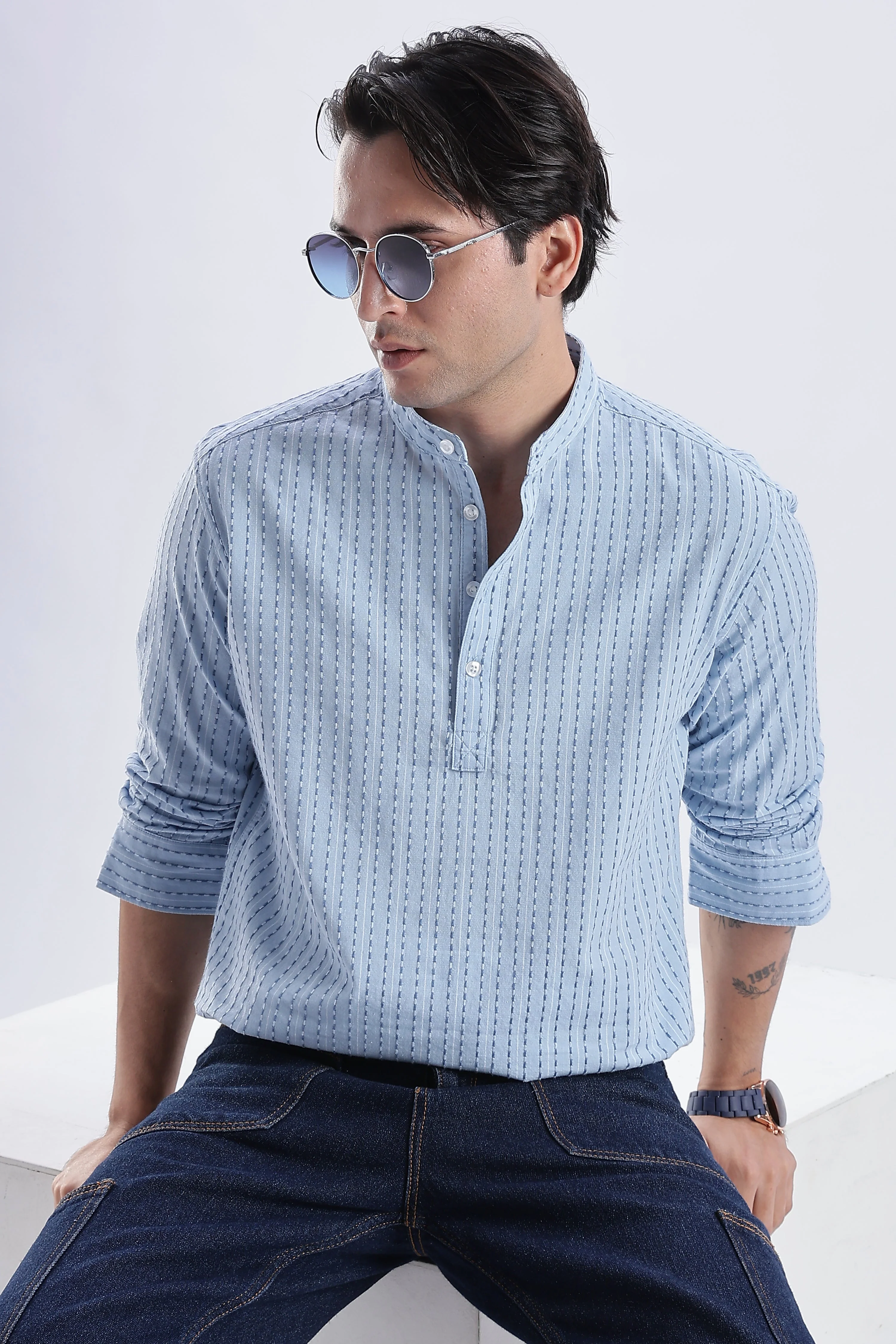 Uri Azure Dobby Stripe Short Kurta - Image 2