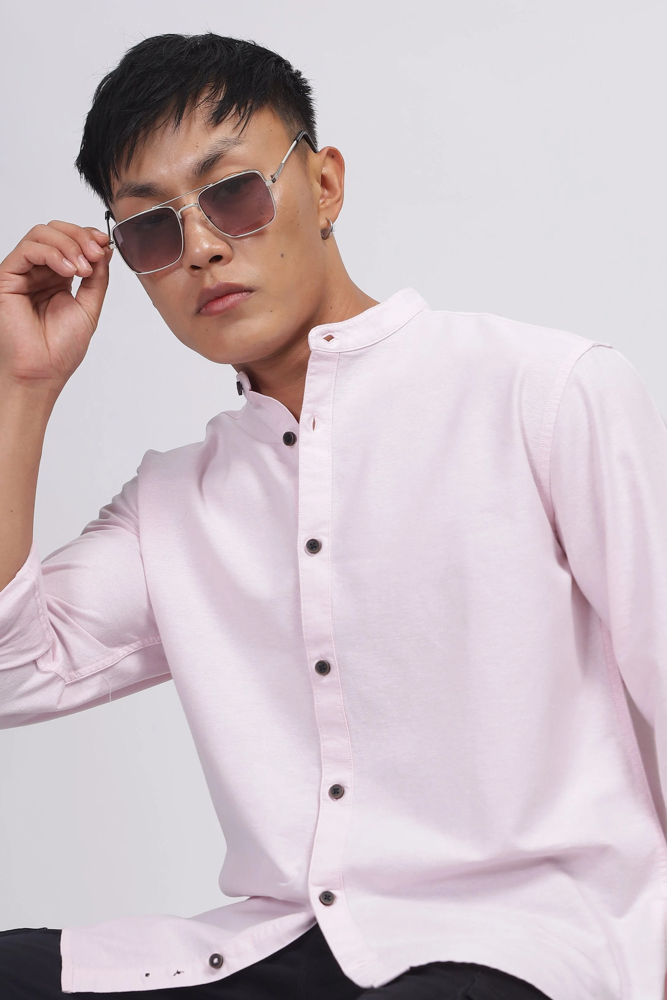 Uri Baby Pink Mandarin Collar Oxford Shirt - Image 2