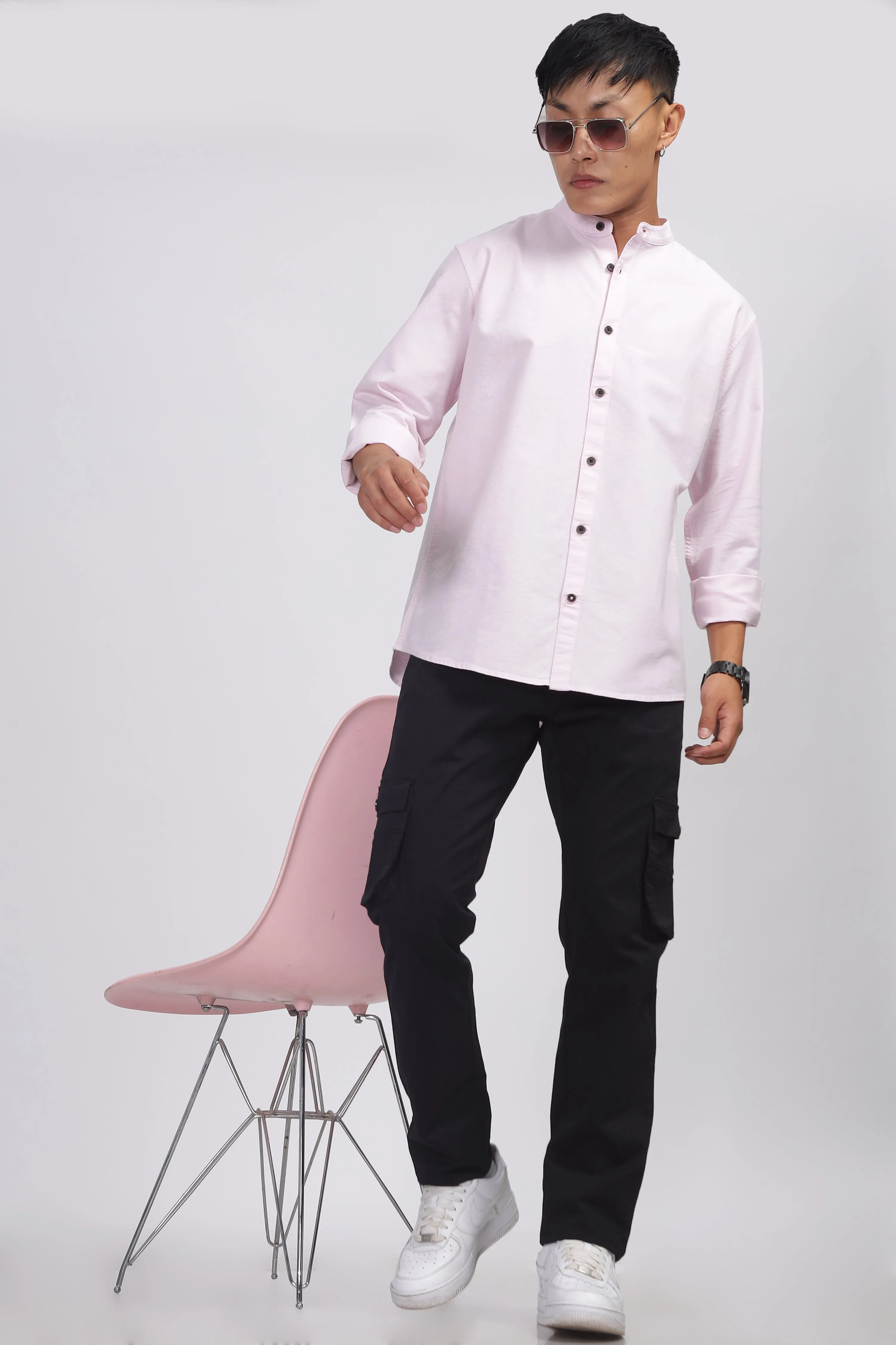 Uri Baby Pink Mandarin Collar Oxford Shirt - Image 6