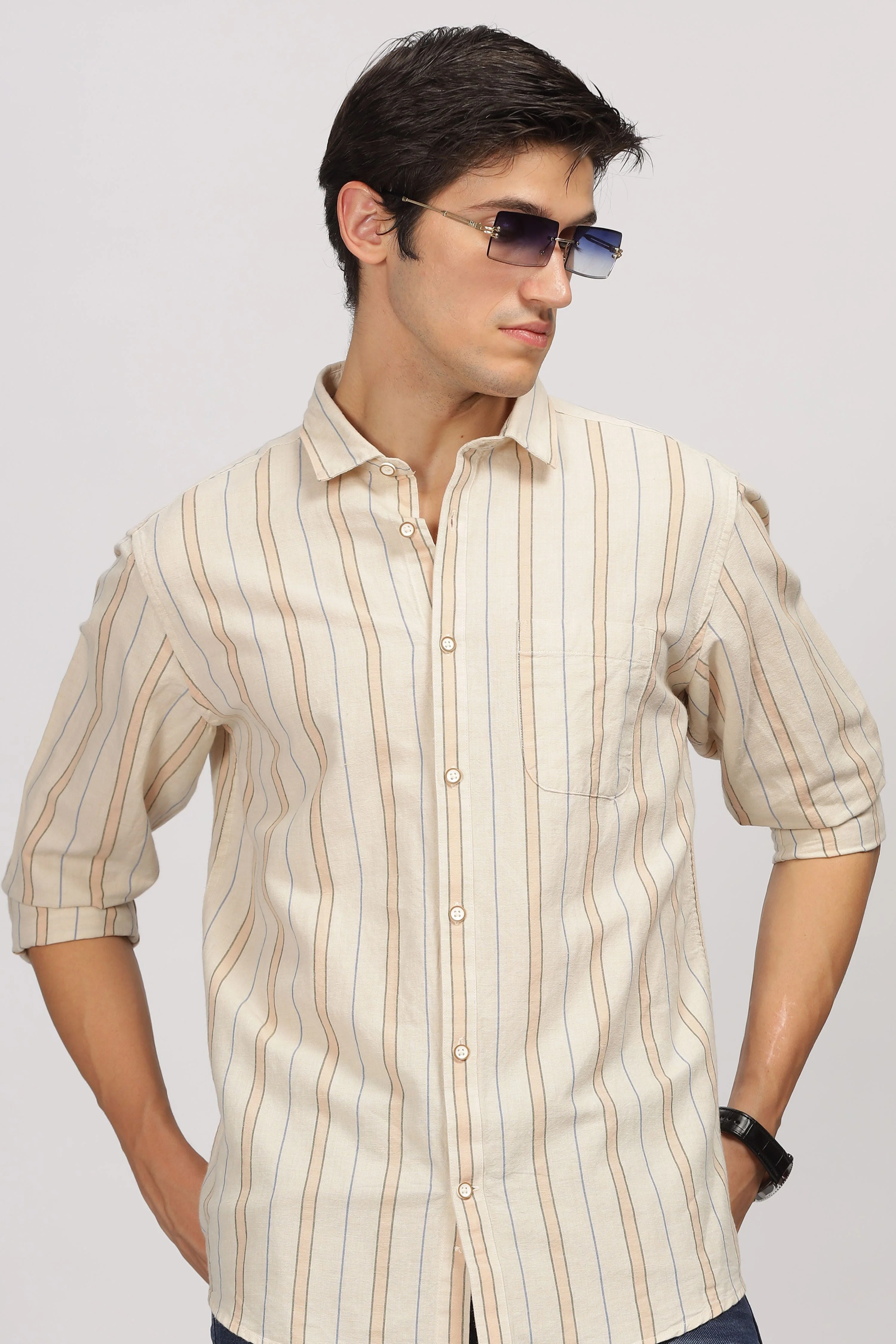 Uri Beige Linen Striped Spread Collar Shirt
