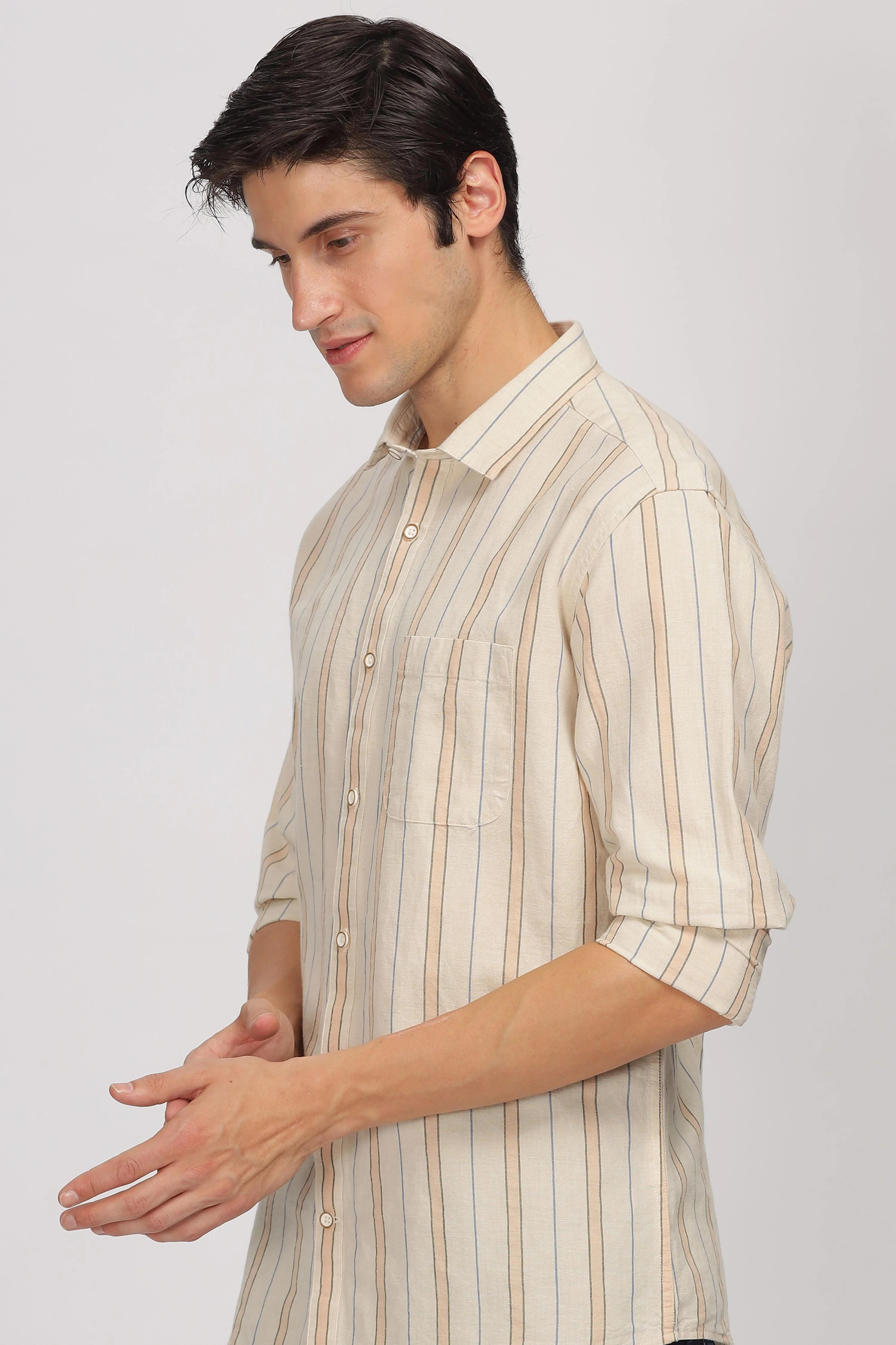 Uri Beige Linen Striped Spread Collar Shirt - Image 3