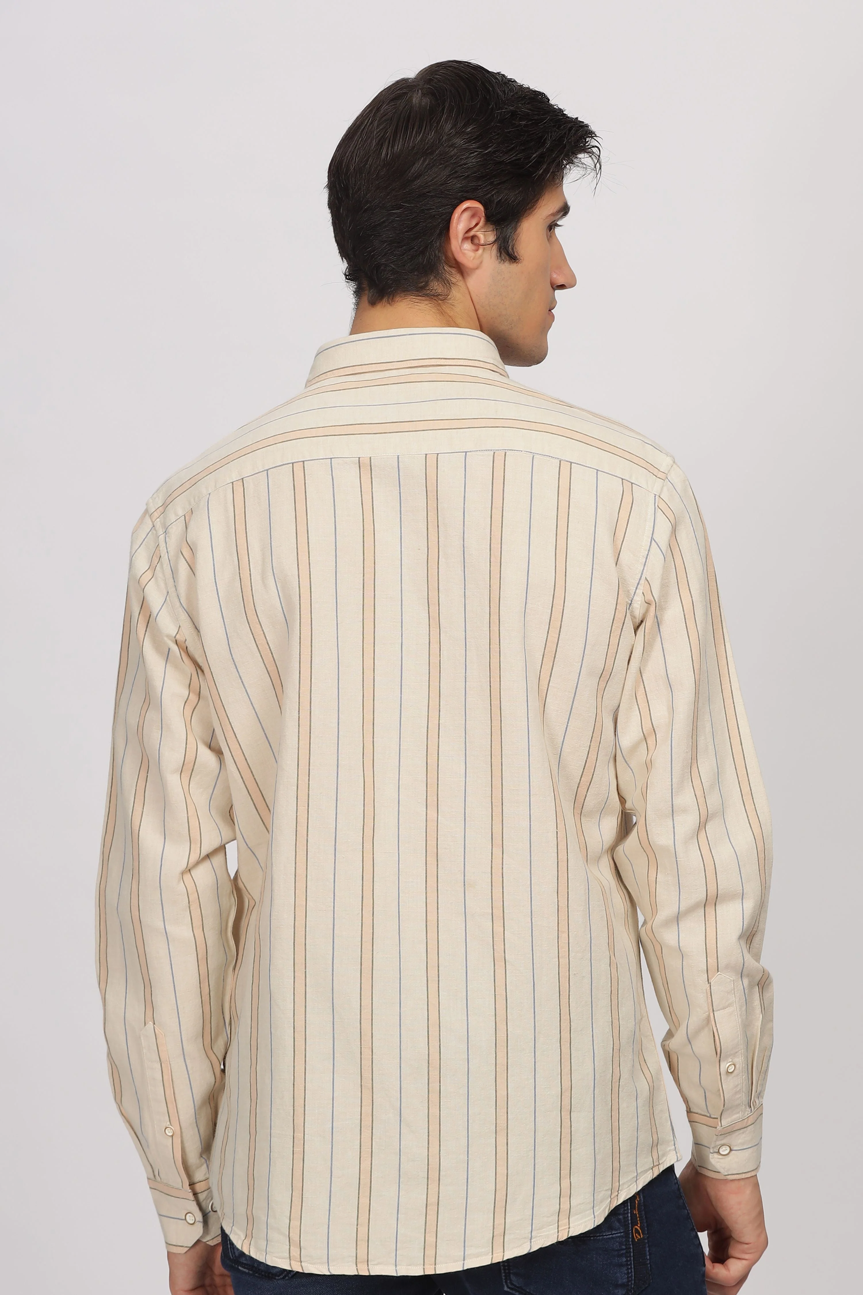 Uri Beige Linen Striped Spread Collar Shirt - Image 4