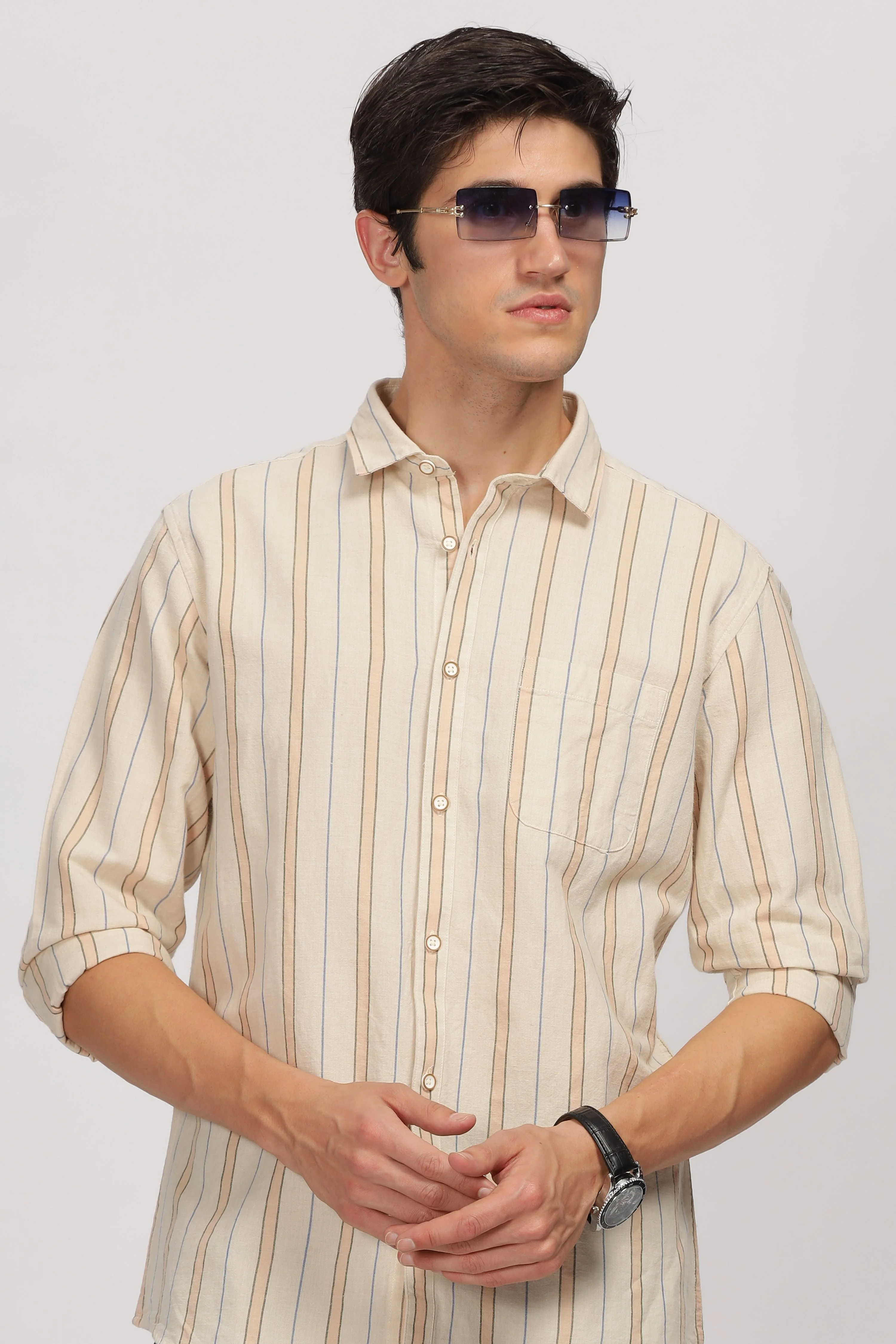 Uri Beige Linen Striped Spread Collar Shirt - Image 7