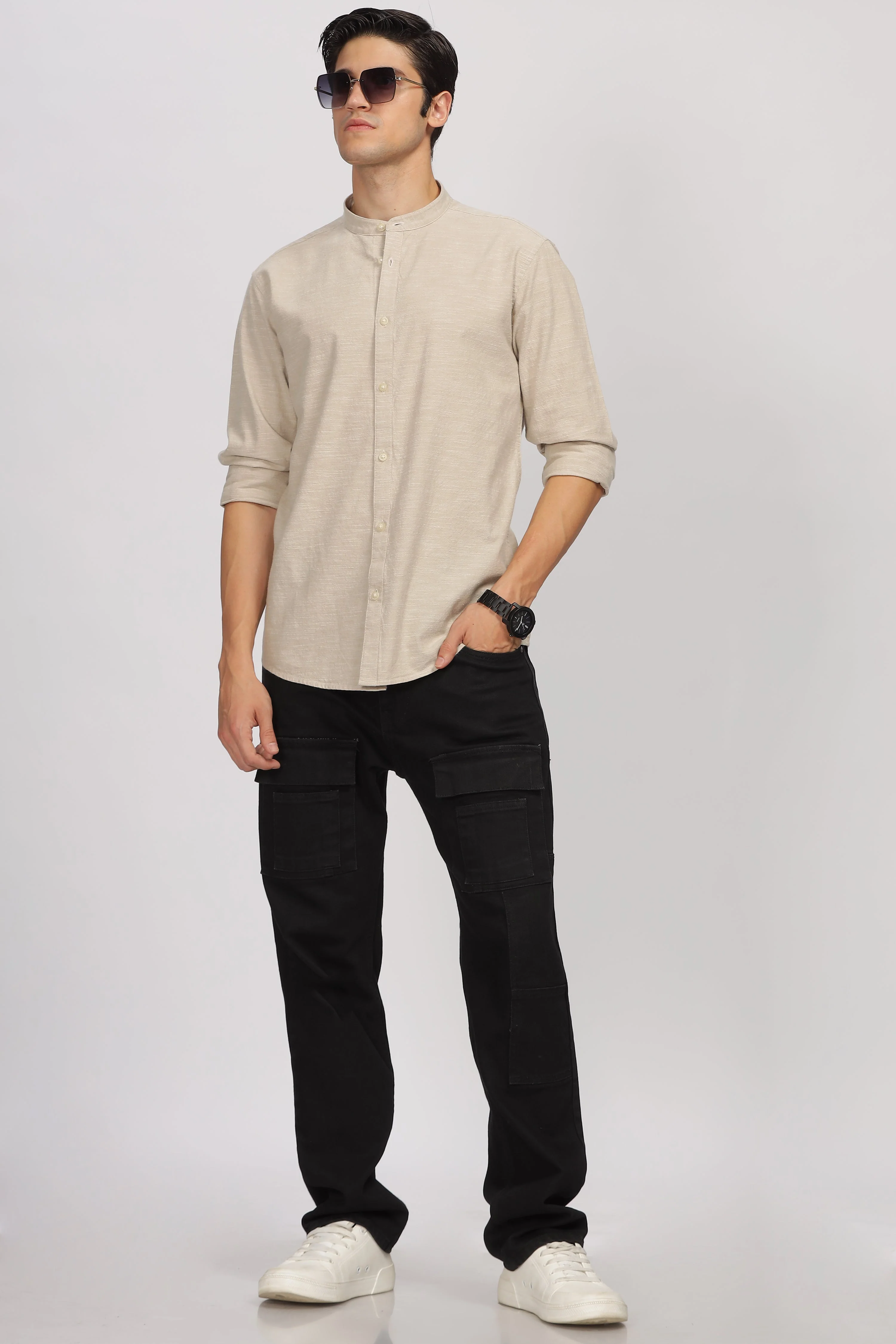 Uri Beige Mandarin Collar Shirt - Image 5