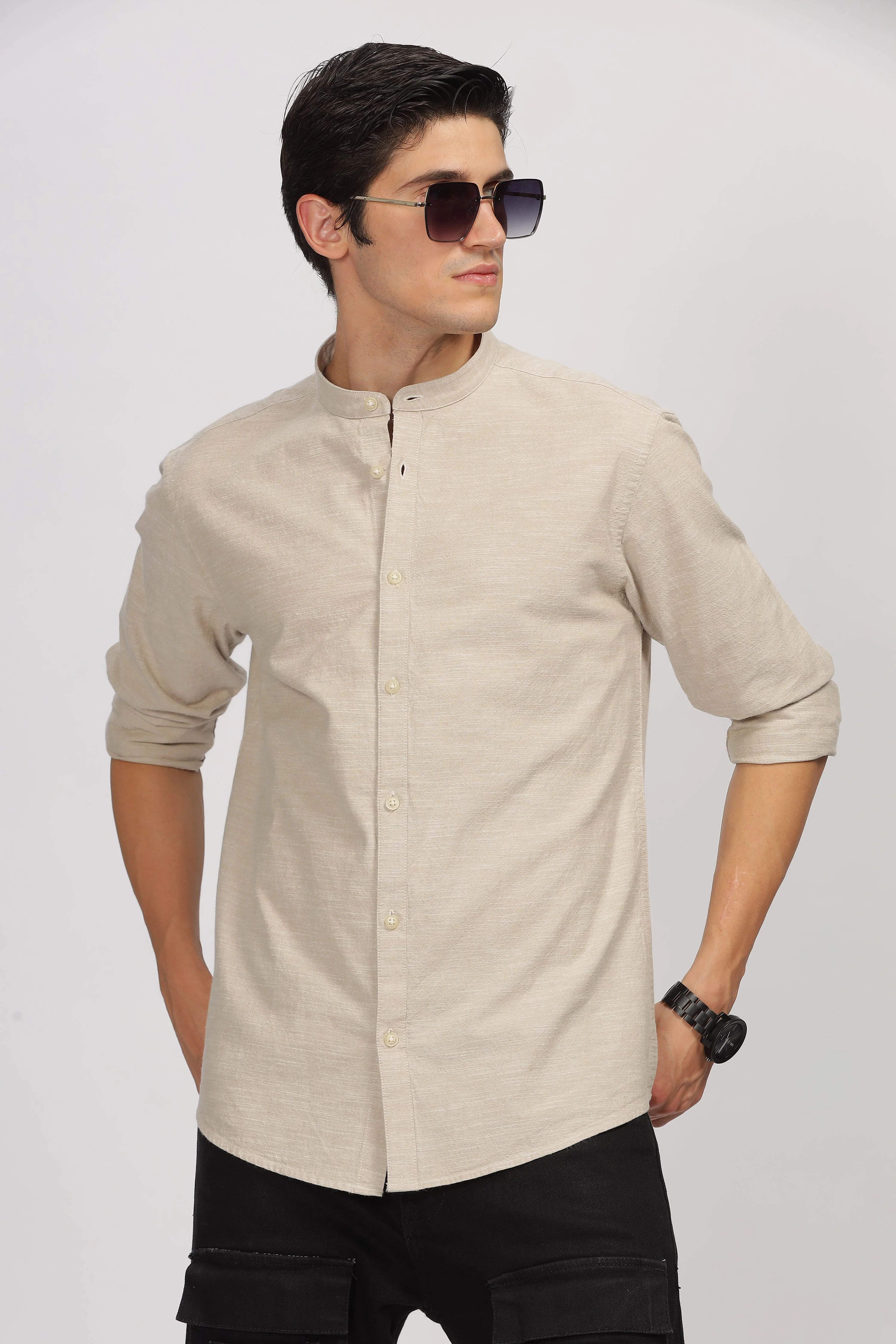 Uri Beige Mandarin Collar Shirt - Image 9