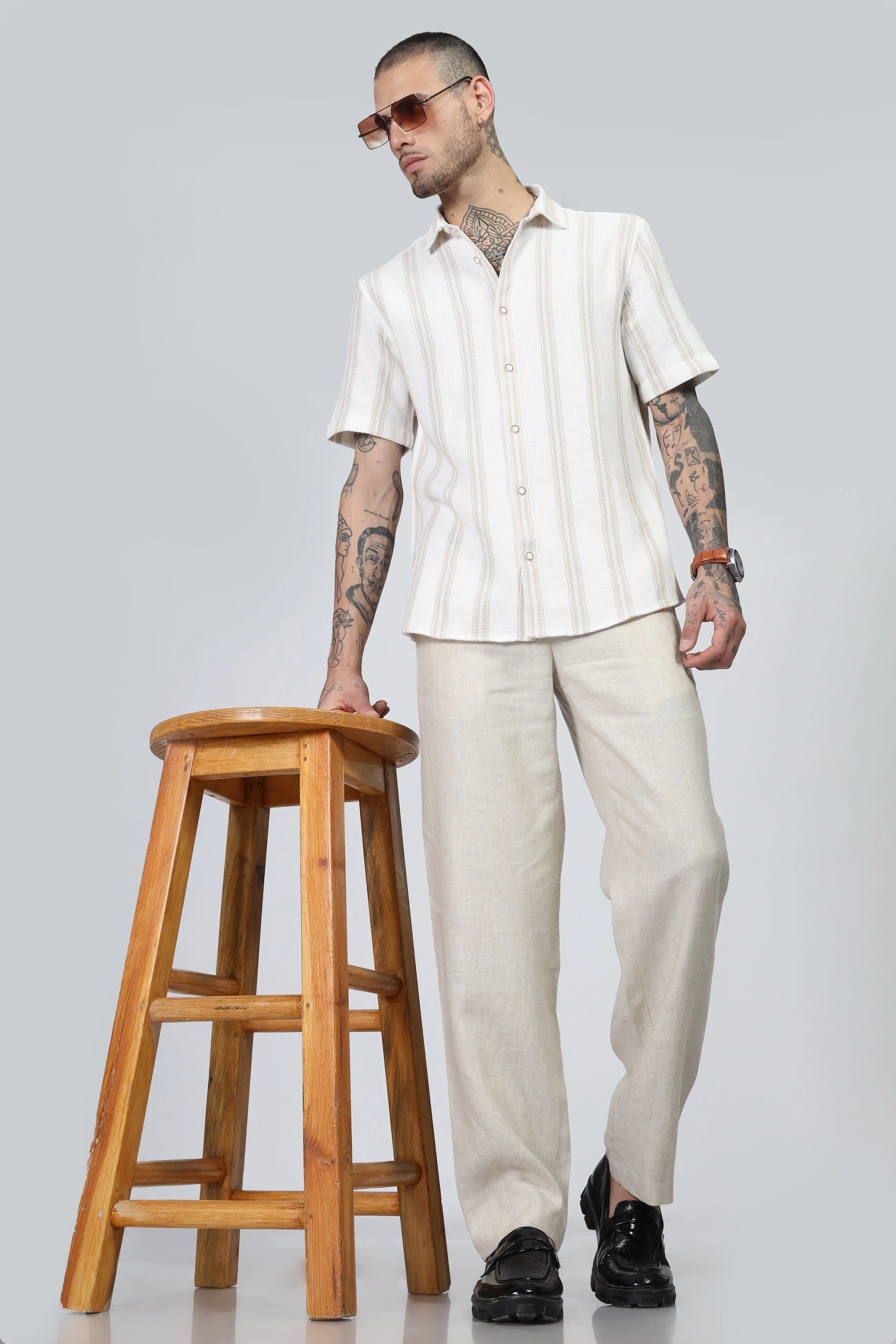 Uri Beige Matte Weave Half Sleeve Shirt - Image 5