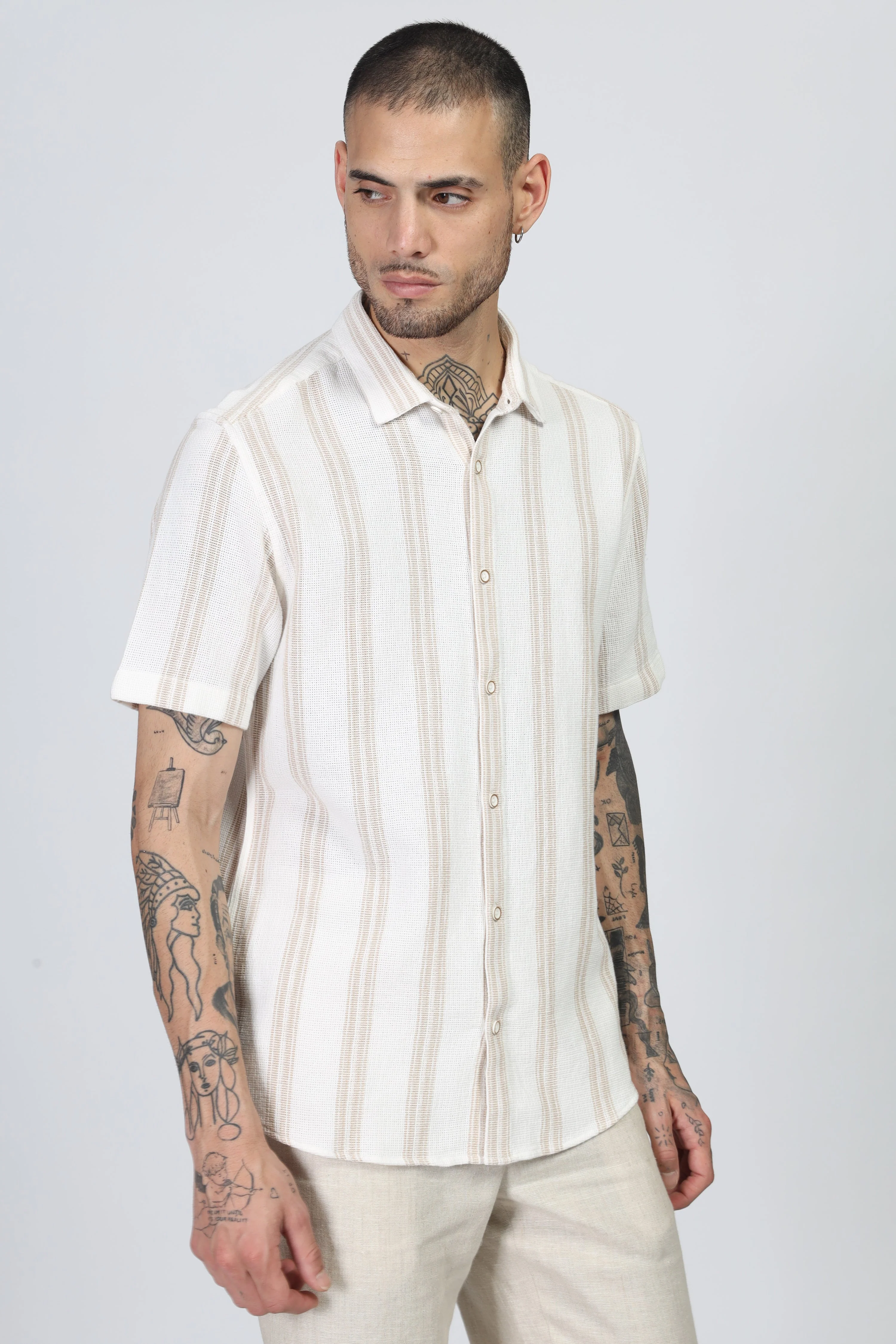 Uri Beige Matte Weave Half Sleeve Shirt - Image 7