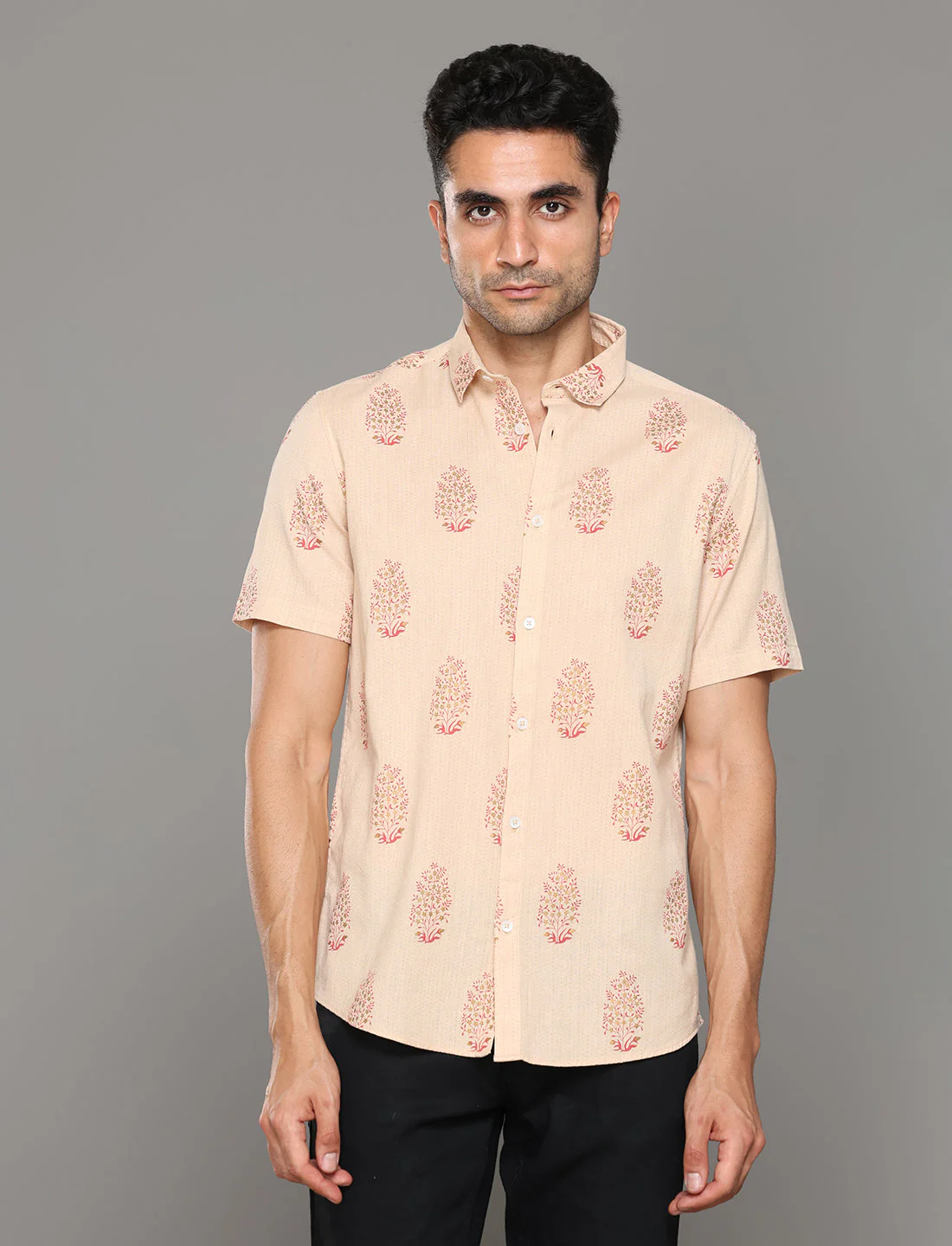Uri Beige Printed Short Sleeves Shirt