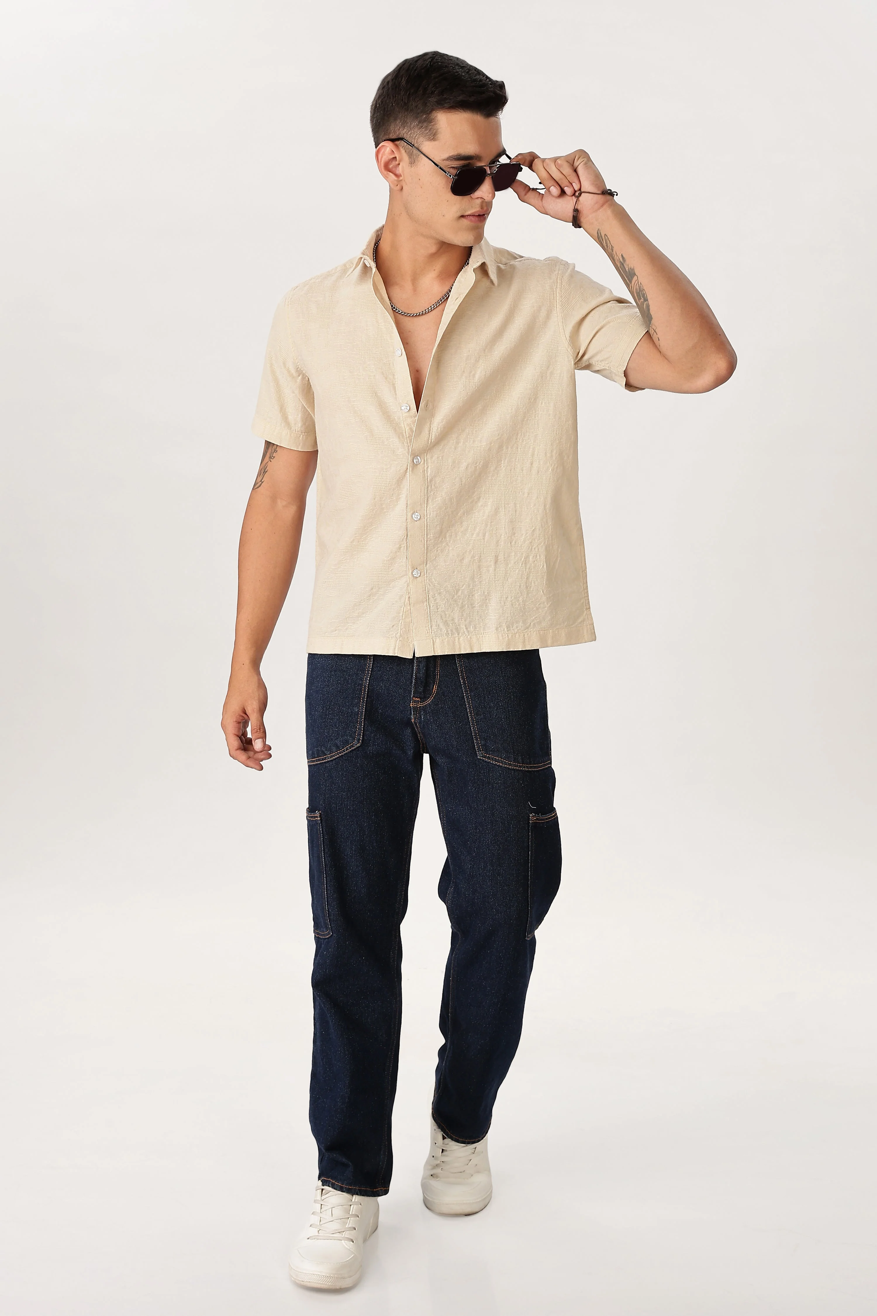 Uri Beige Textured Jacquard Shirt - Image 5