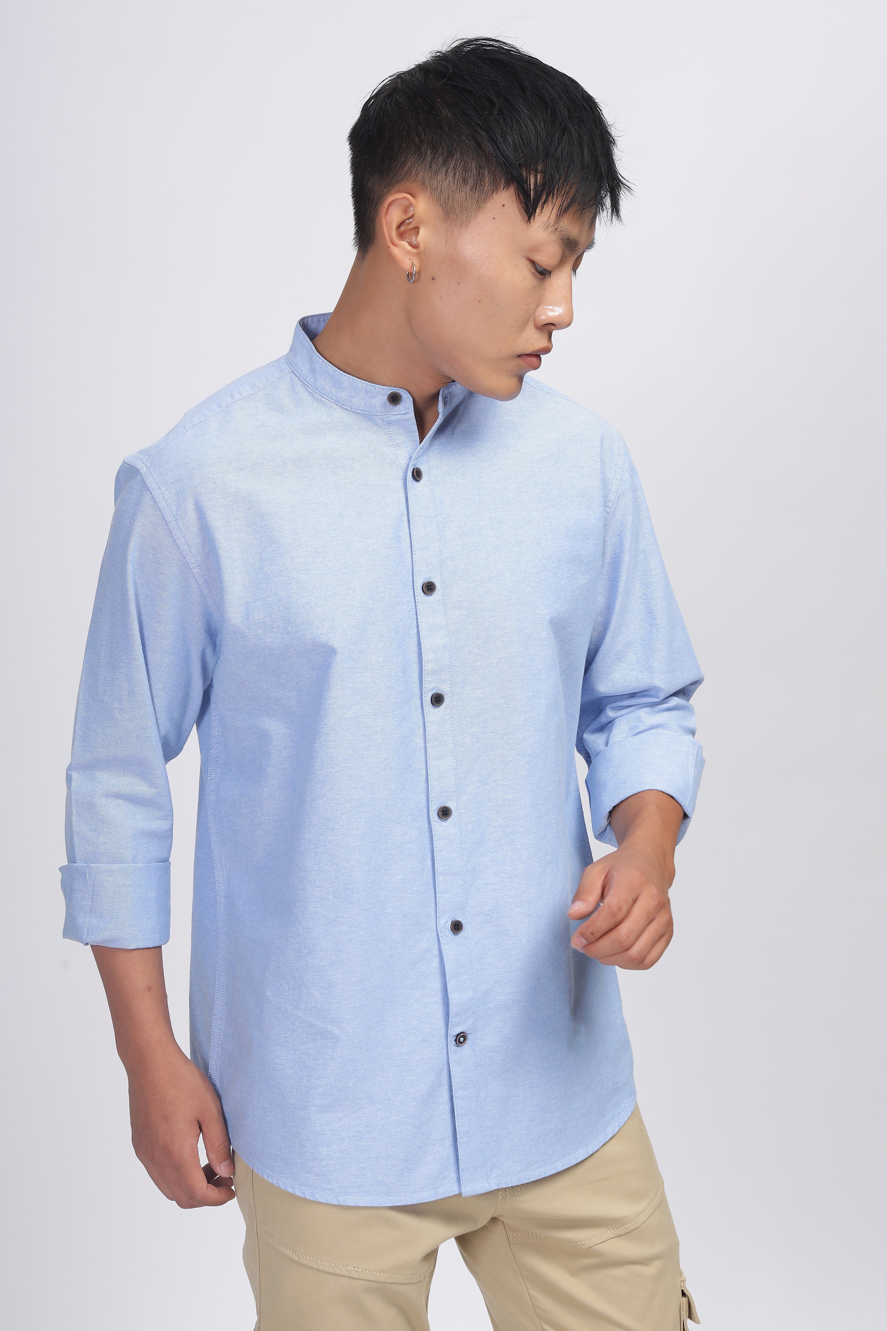 Uri Blue Mandarin Collar Oxford Shirt - Image 2