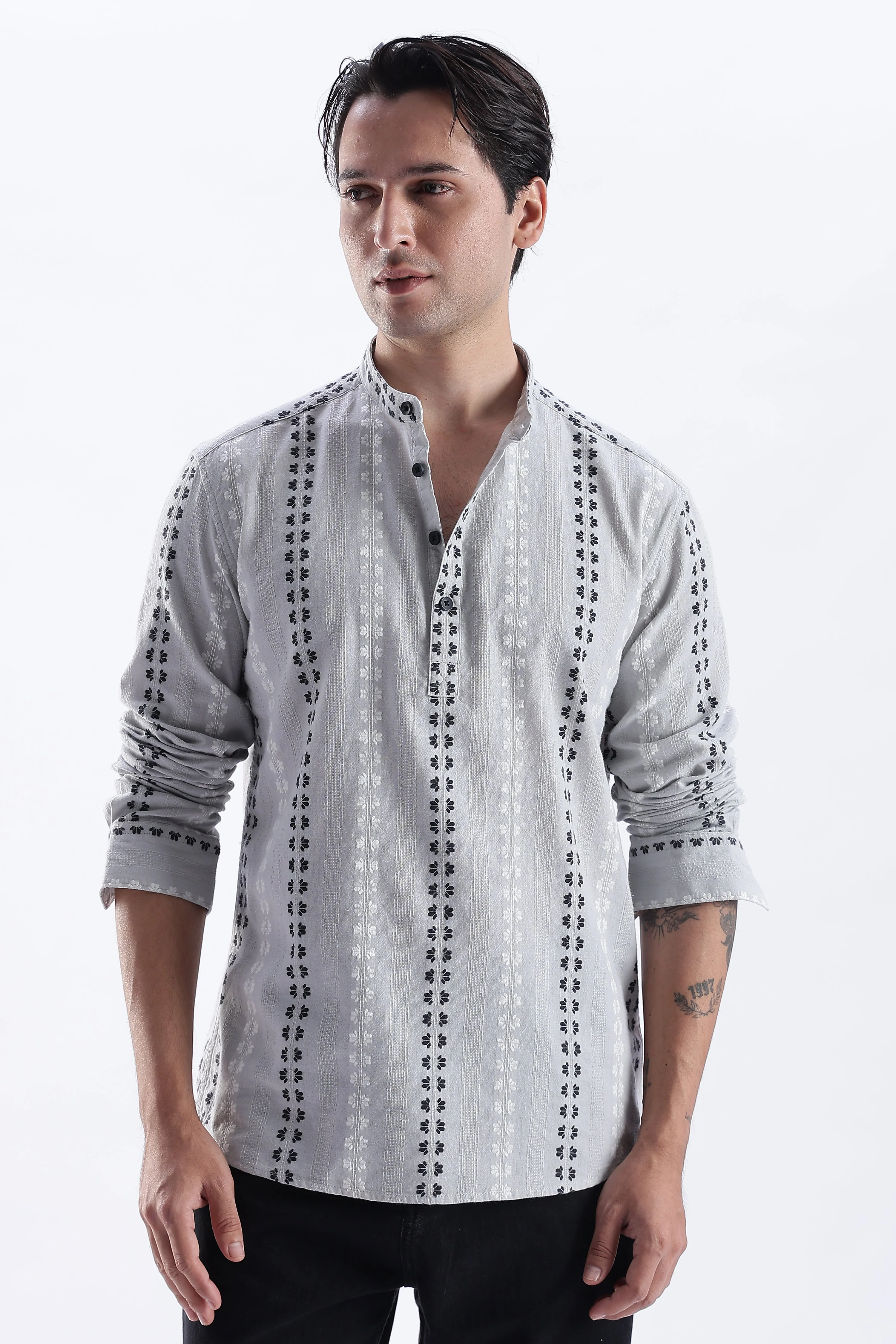 Uri Charcoal Dobby Motif Short Kurta - Image 3