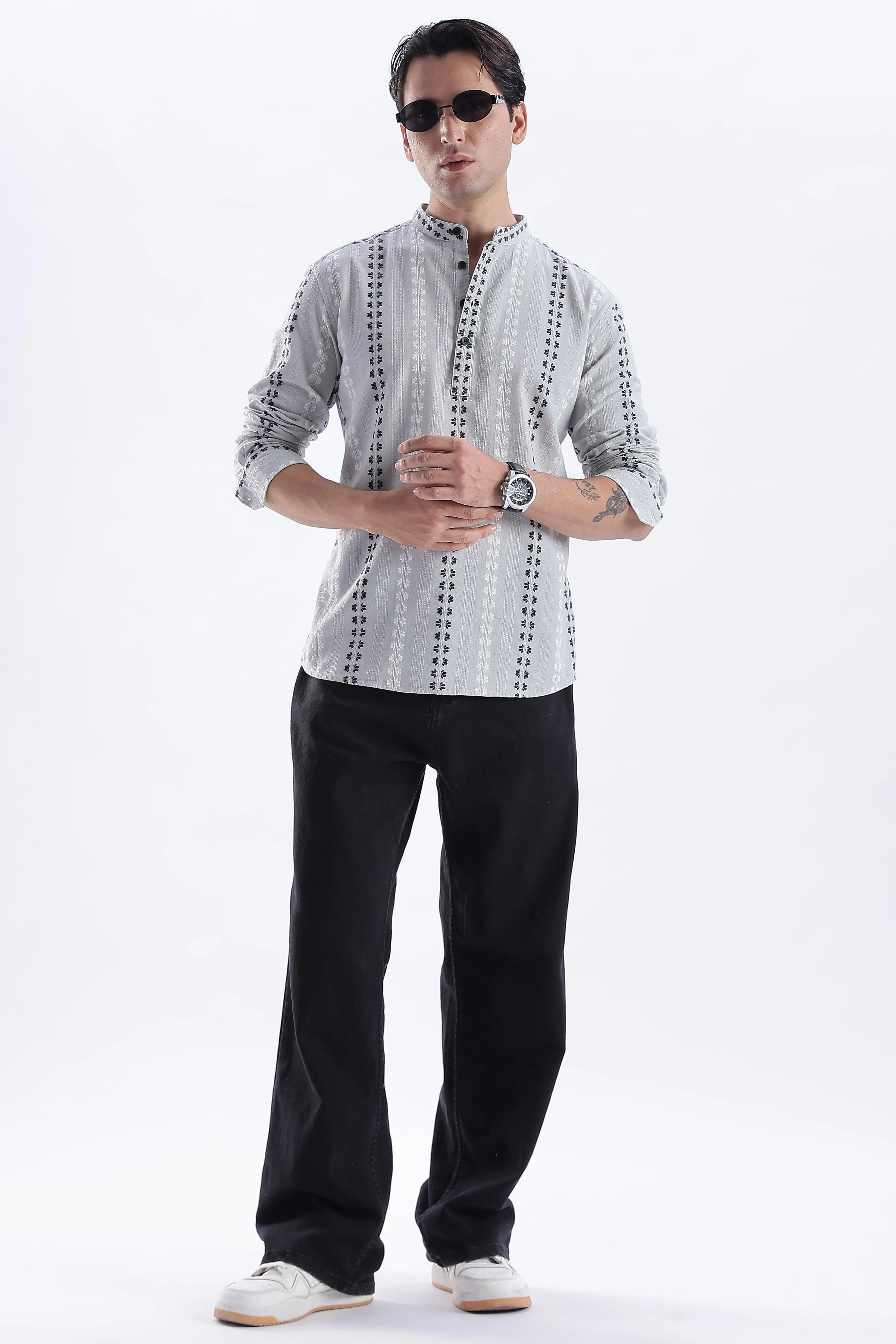 Uri Charcoal Dobby Motif Short Kurta - Image 5
