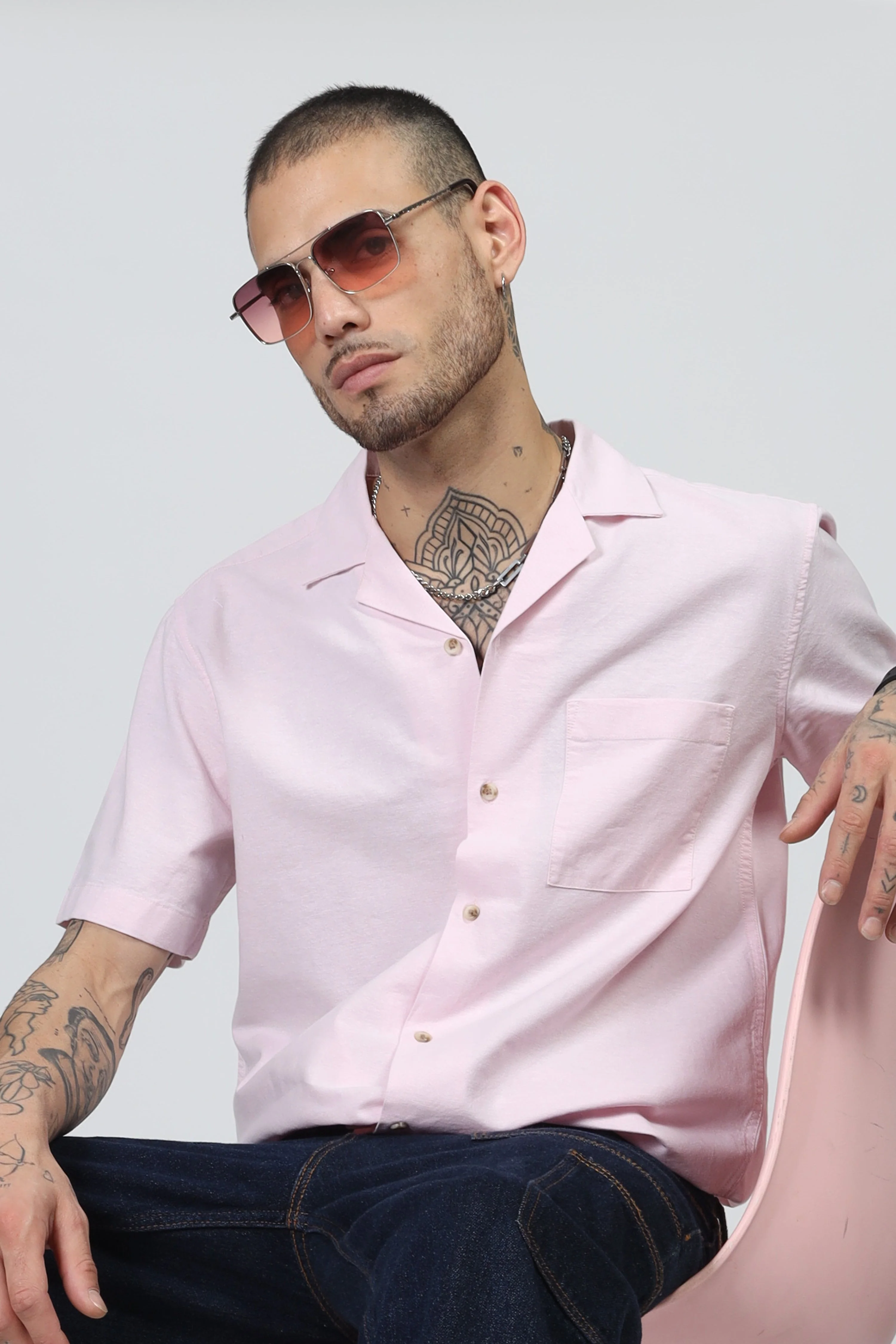 Uri Cuban Collar Pink Oxford Shirt - Image 6