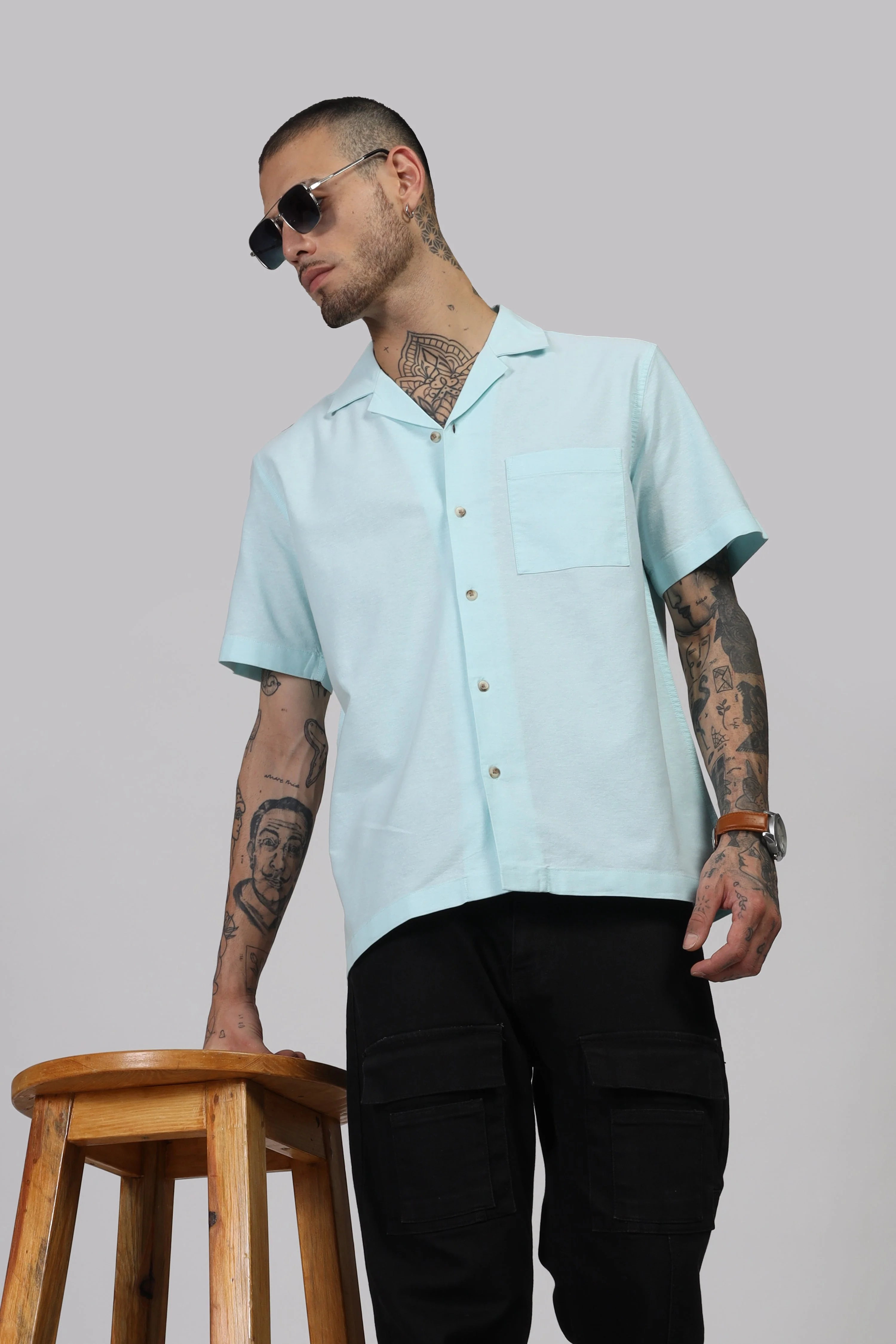 Uri Cuban Collar Turquoise Oxford Shirt - Image 7