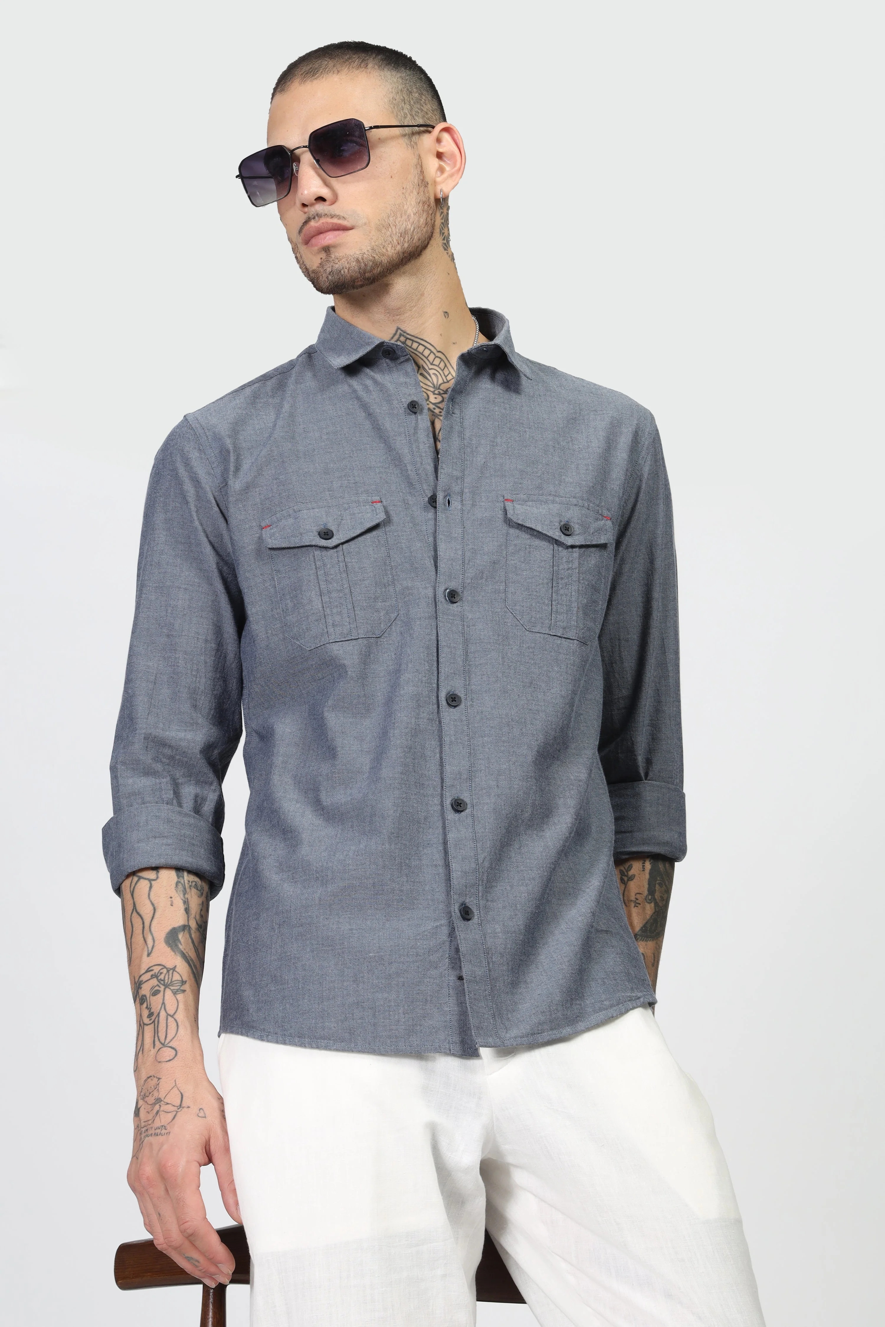 Uri Dark Grey Double Pocket Casual Shirt