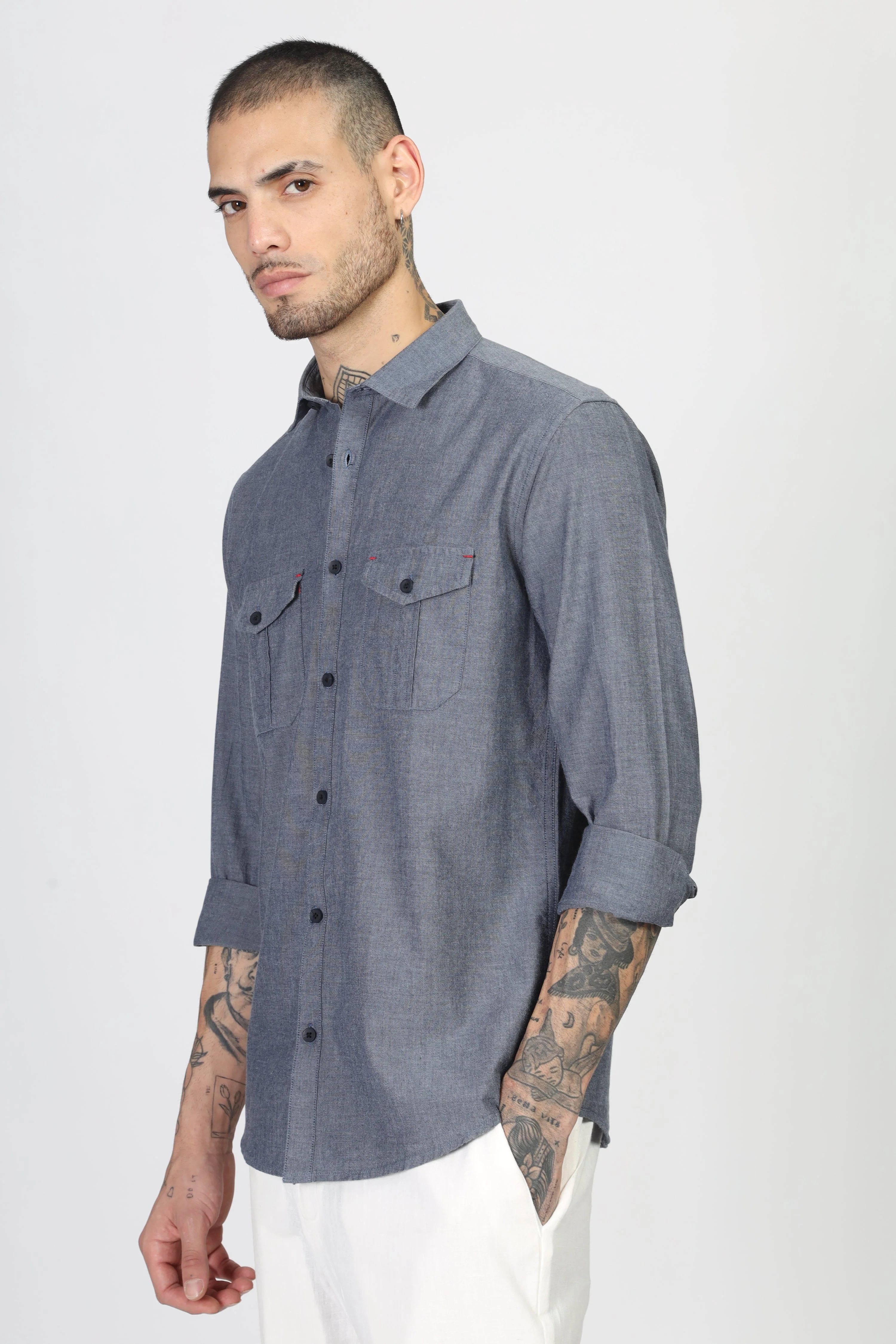 Uri Dark Grey Double Pocket Casual Shirt - Image 2