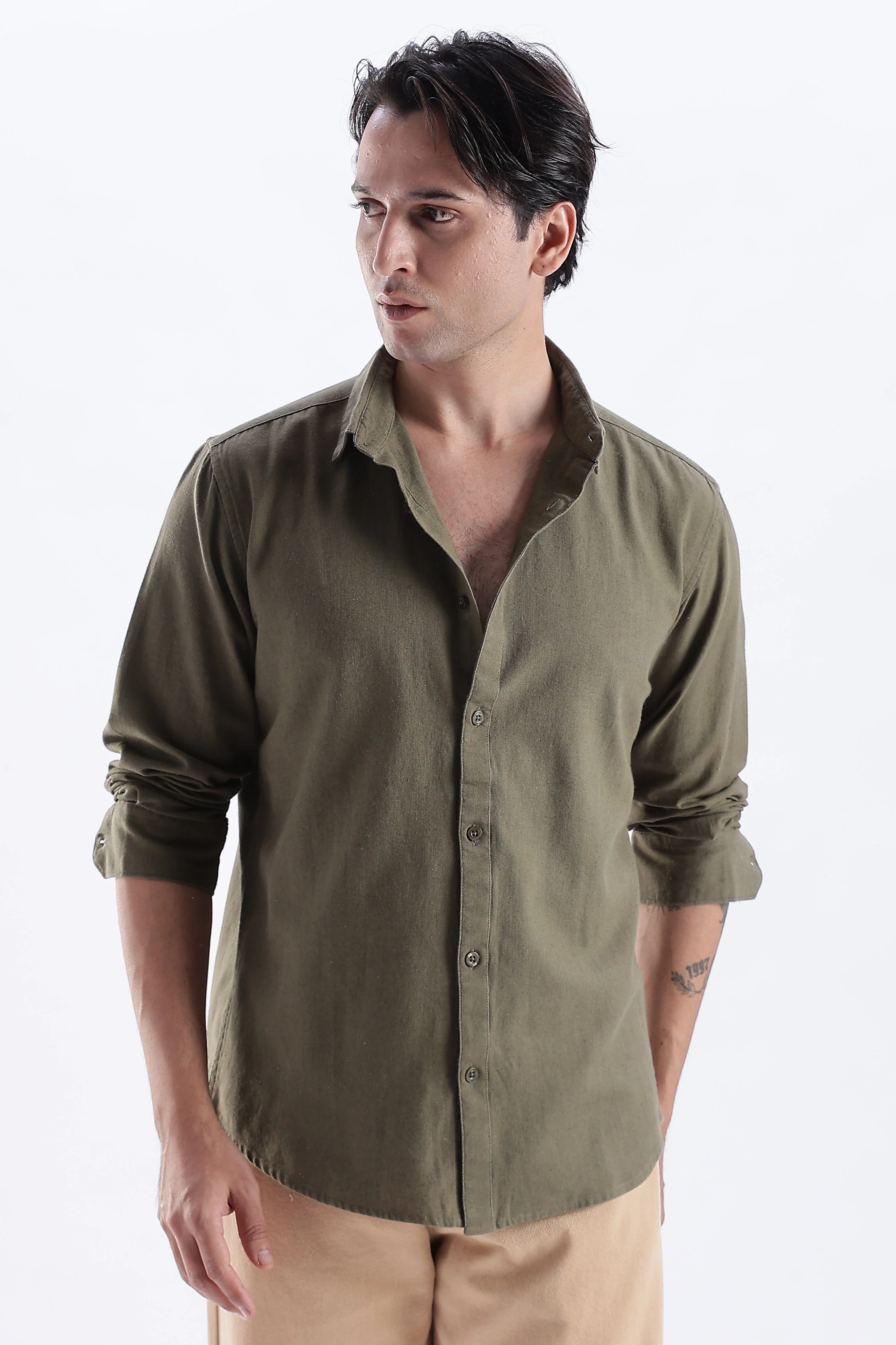 Uri Deep Olive Spread Collar Solid Shirt - Image 2