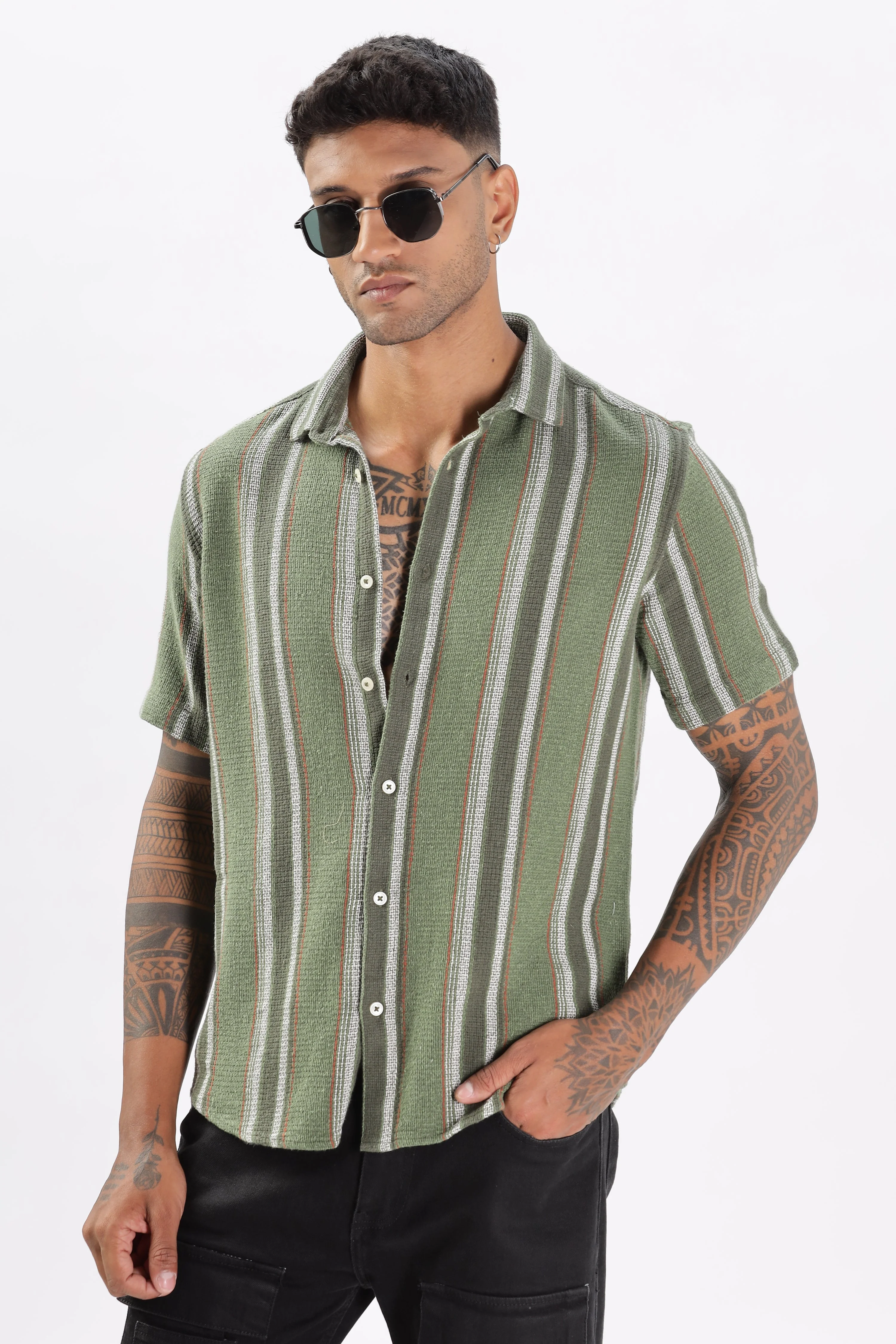 Uri Green Matte Weave Half Sleeve Shirt - Image 15