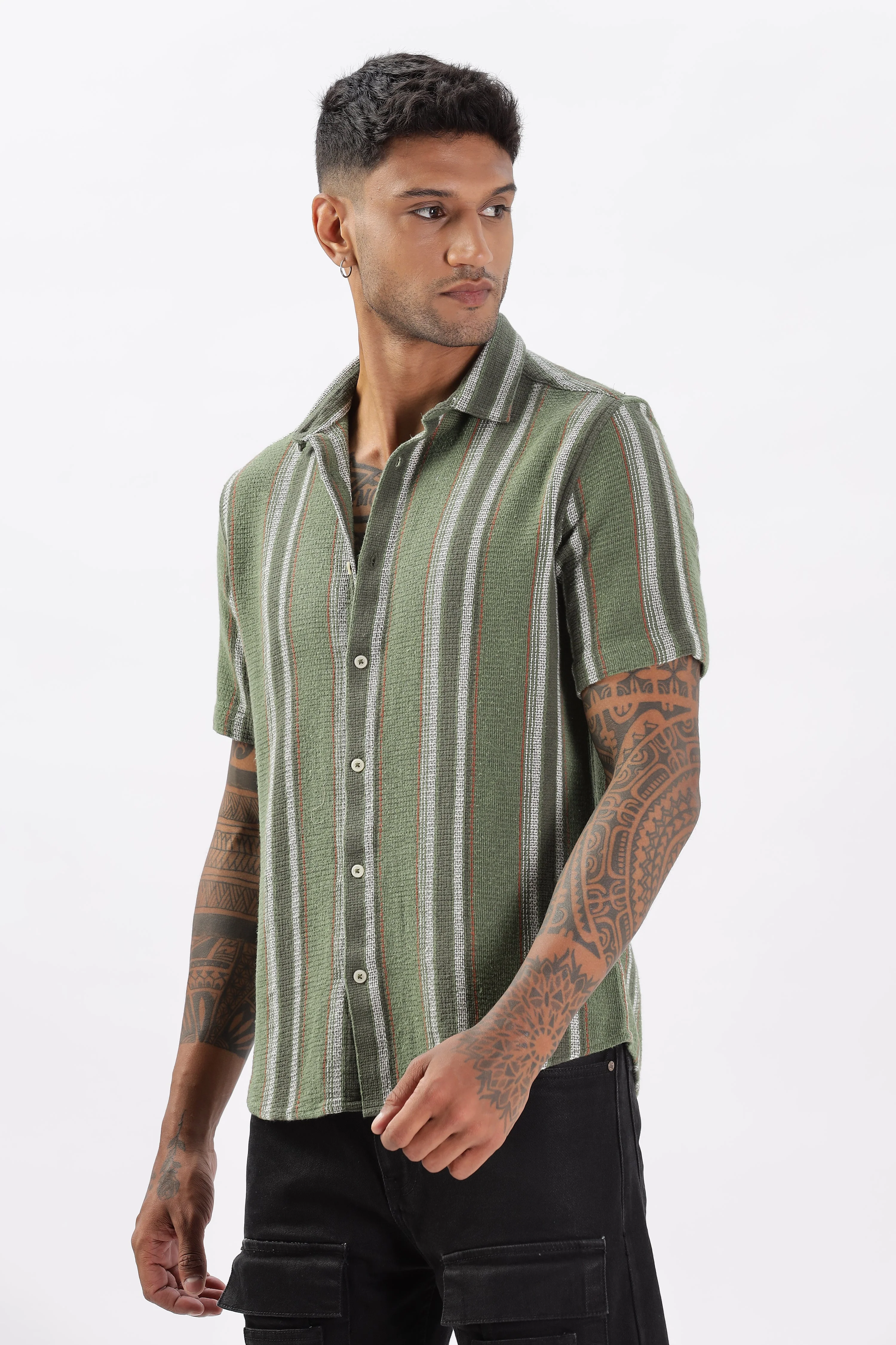 Uri Green Matte Weave Half Sleeve Shirt - Image 3