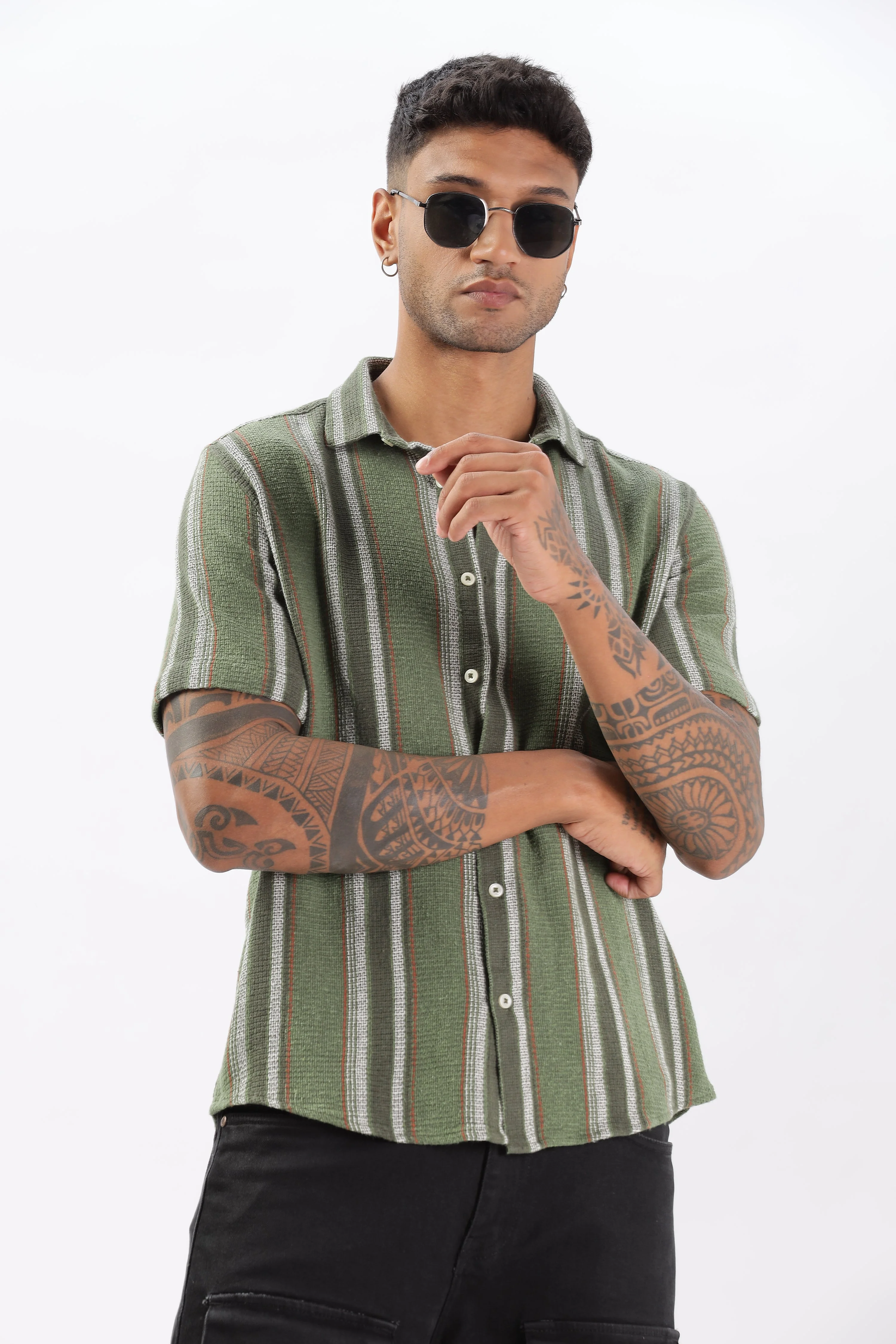 Uri Green Matte Weave Half Sleeve Shirt - Image 6