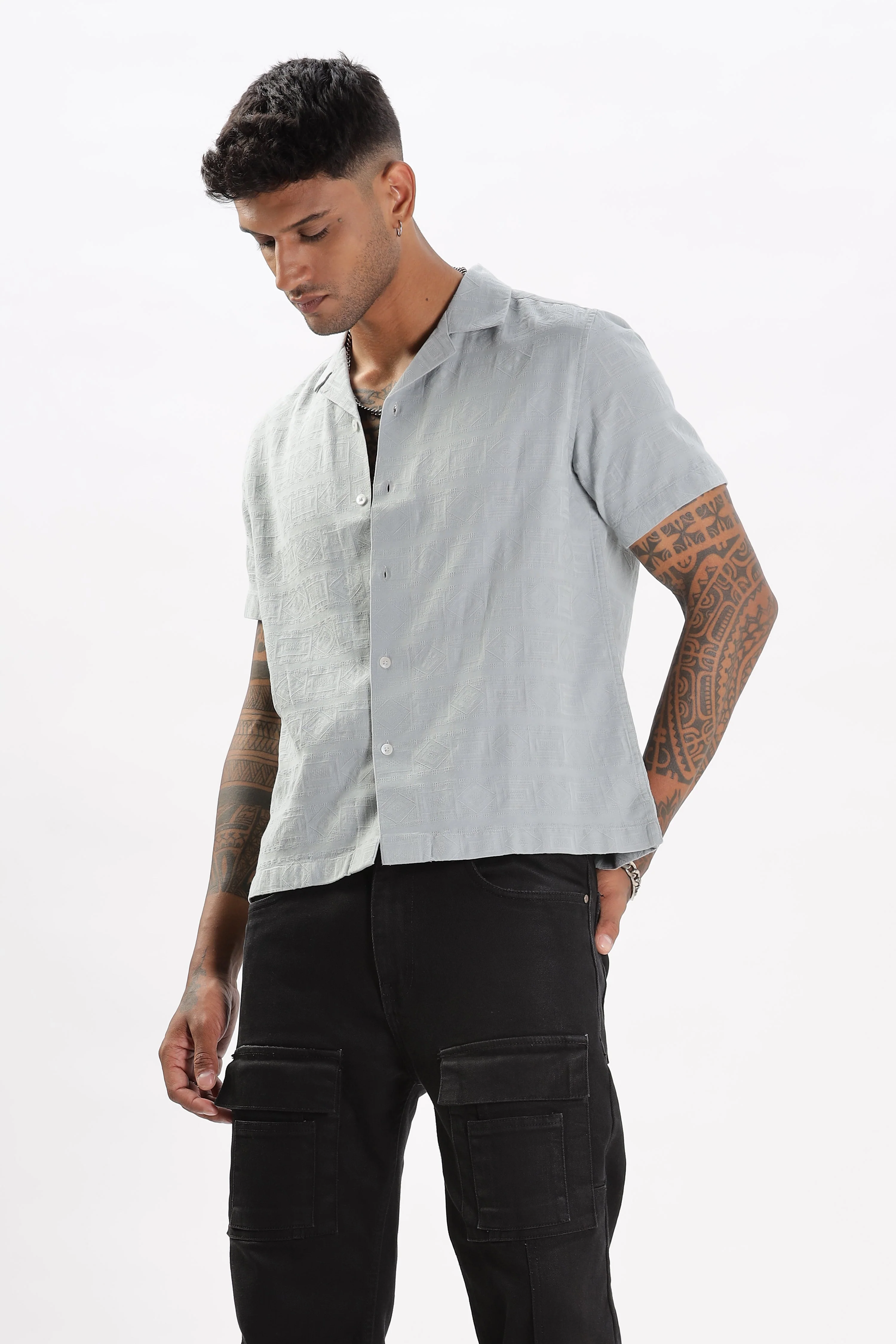 Uri Grey Jacquard Casual Cuban Collar Shirt - Image 4