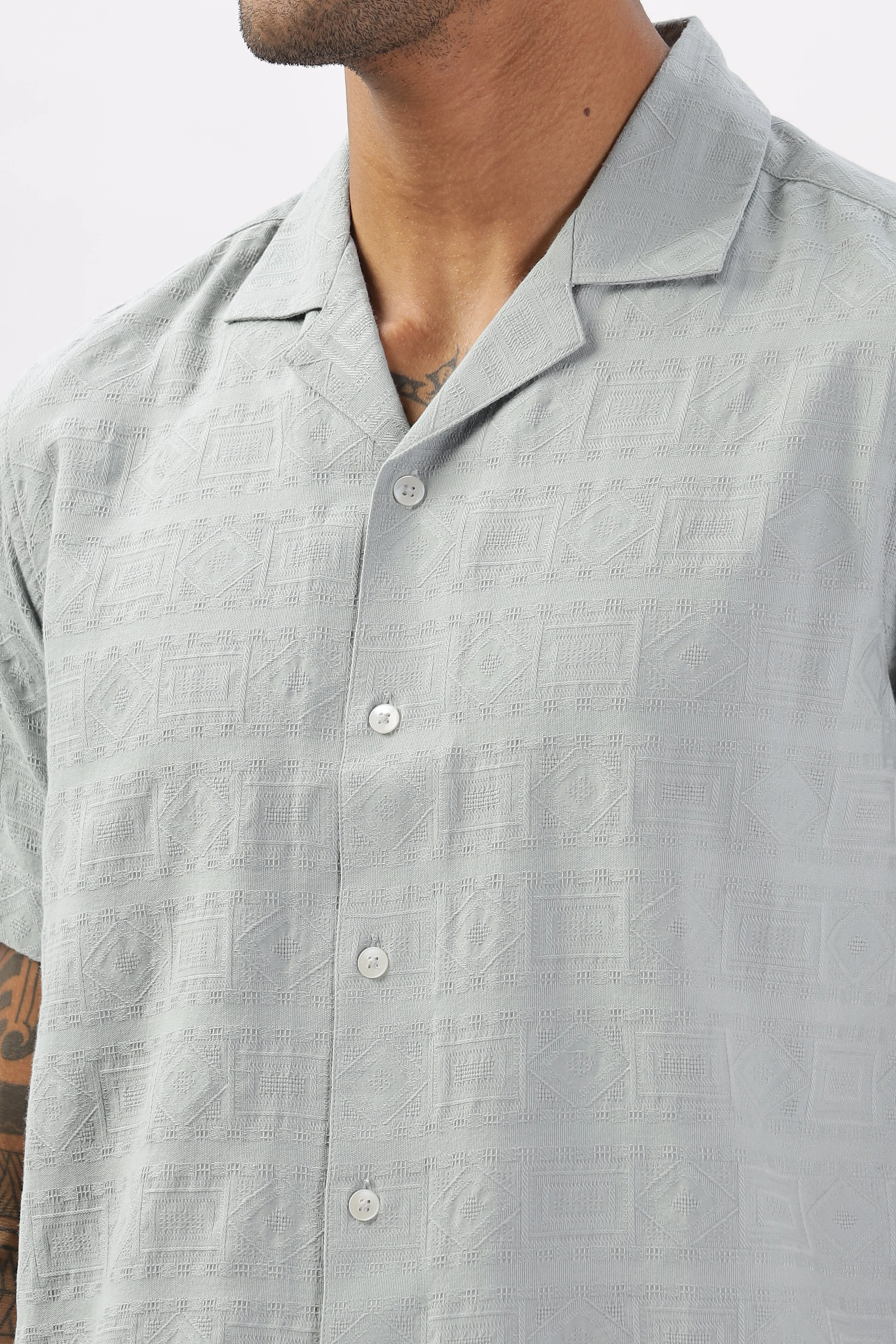 Uri Grey Jacquard Casual Cuban Collar Shirt - Image 7
