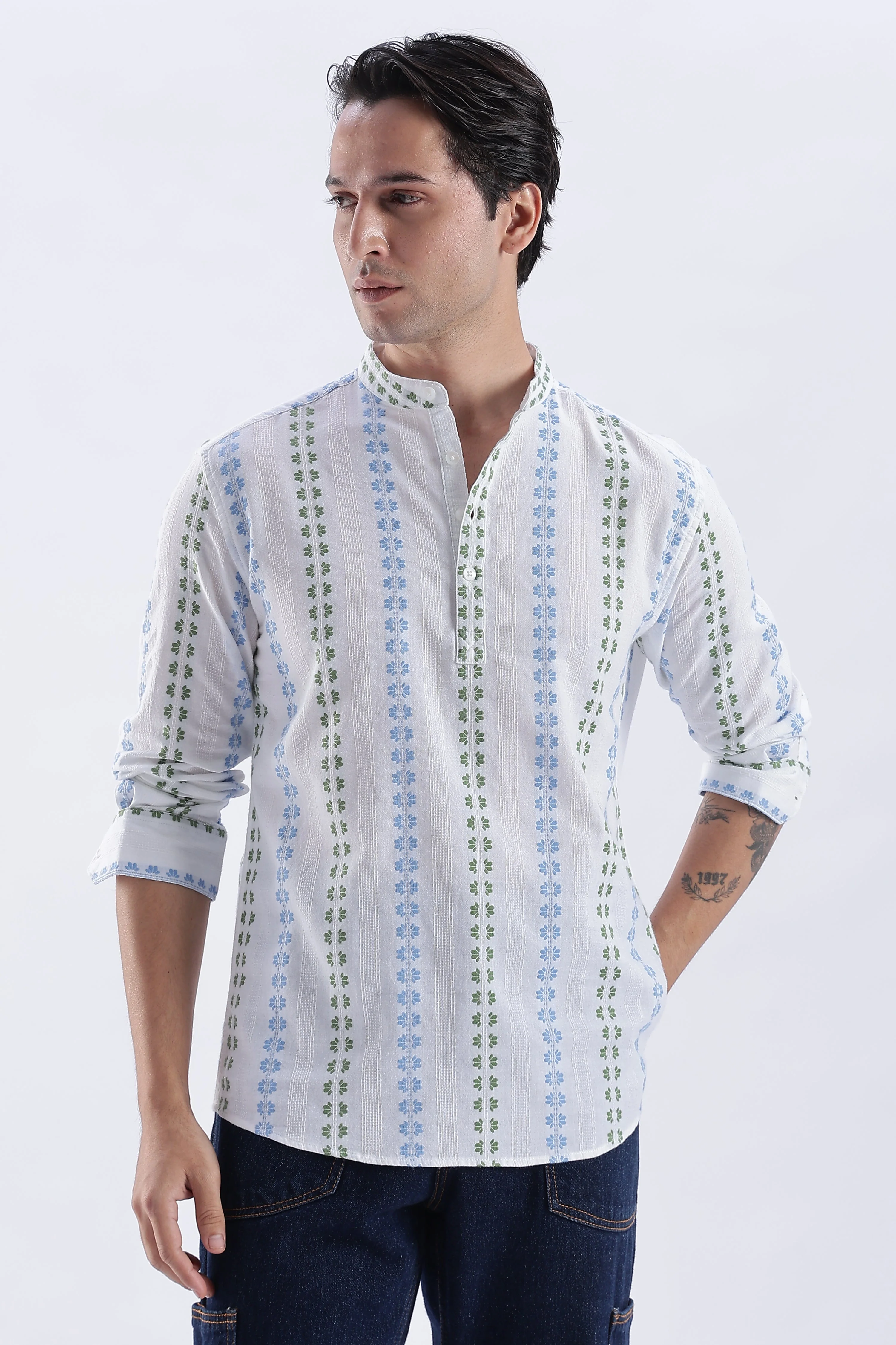 Uri Ice White Dobby Motif Short Kurta - Image 2