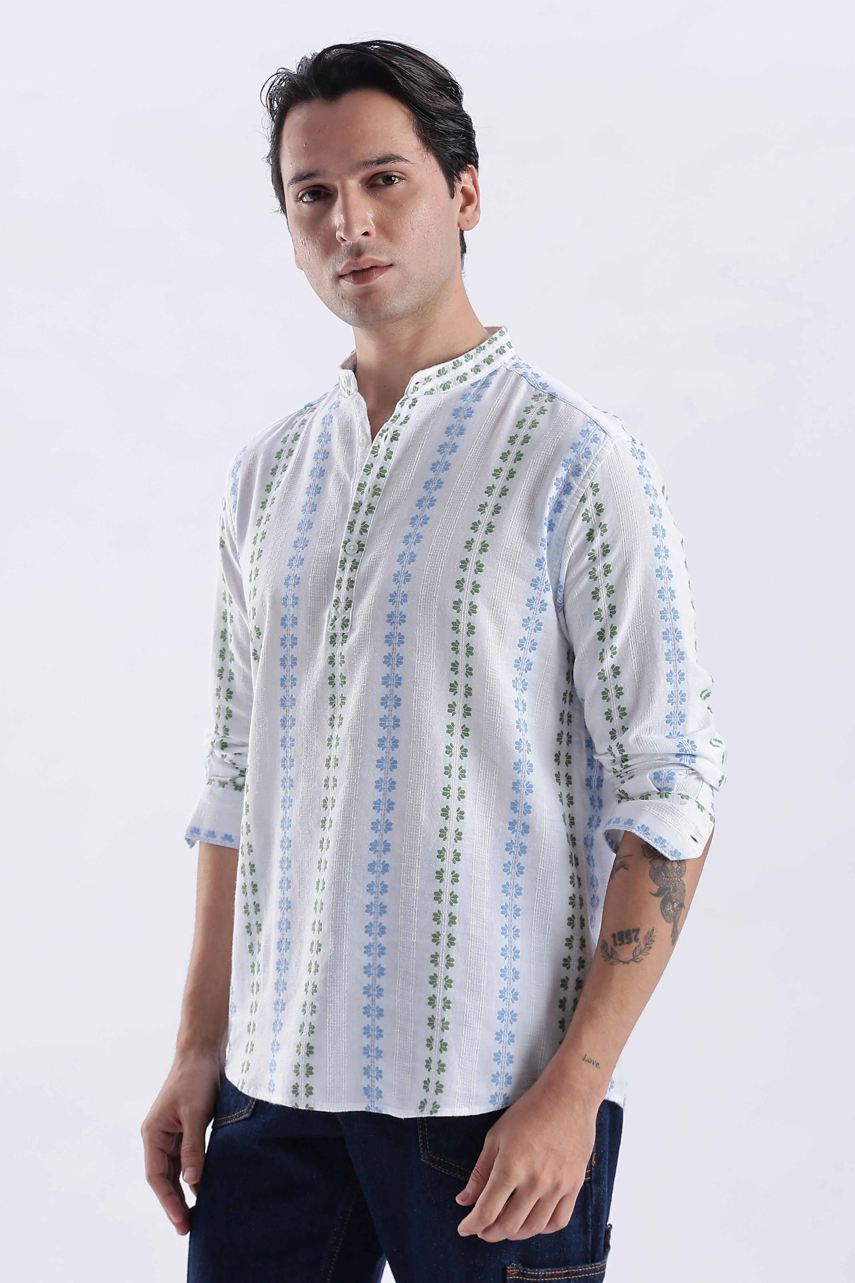 Uri Ice White Dobby Motif Short Kurta - Image 3