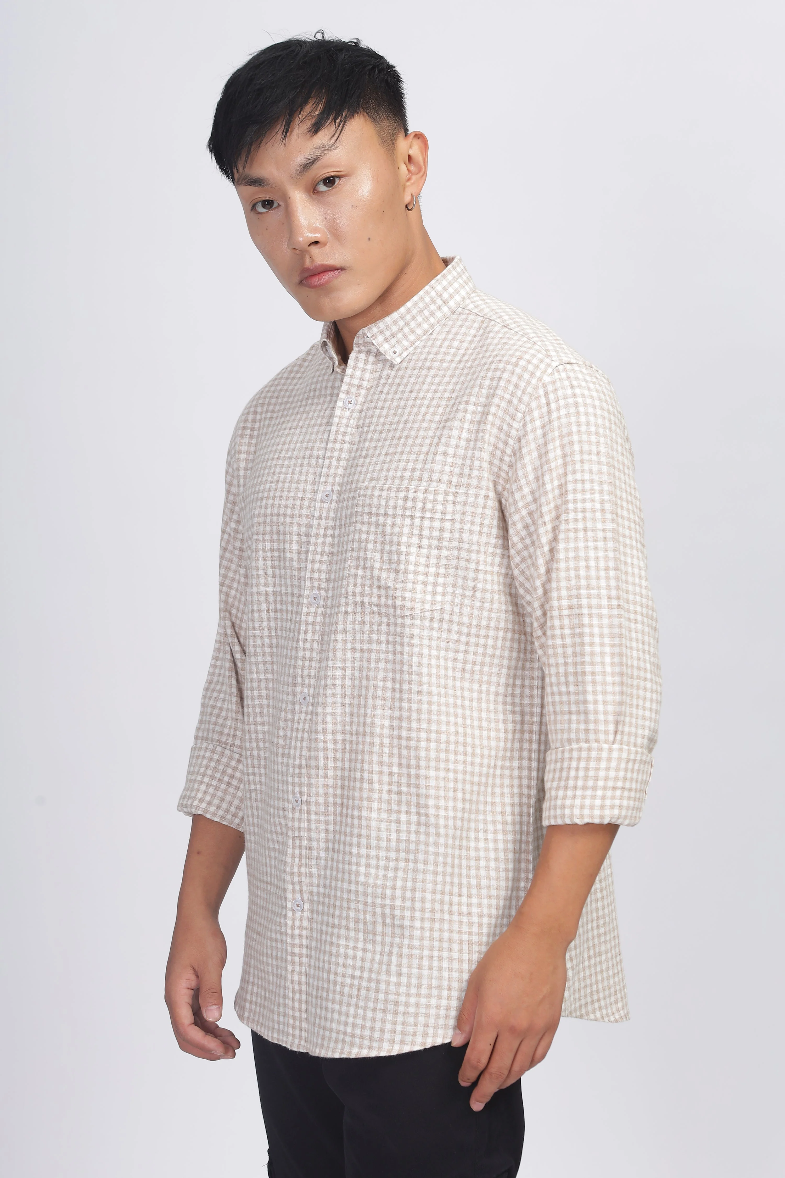 Uri Light Brown Gingham Check Cotton Shirt - Image 3