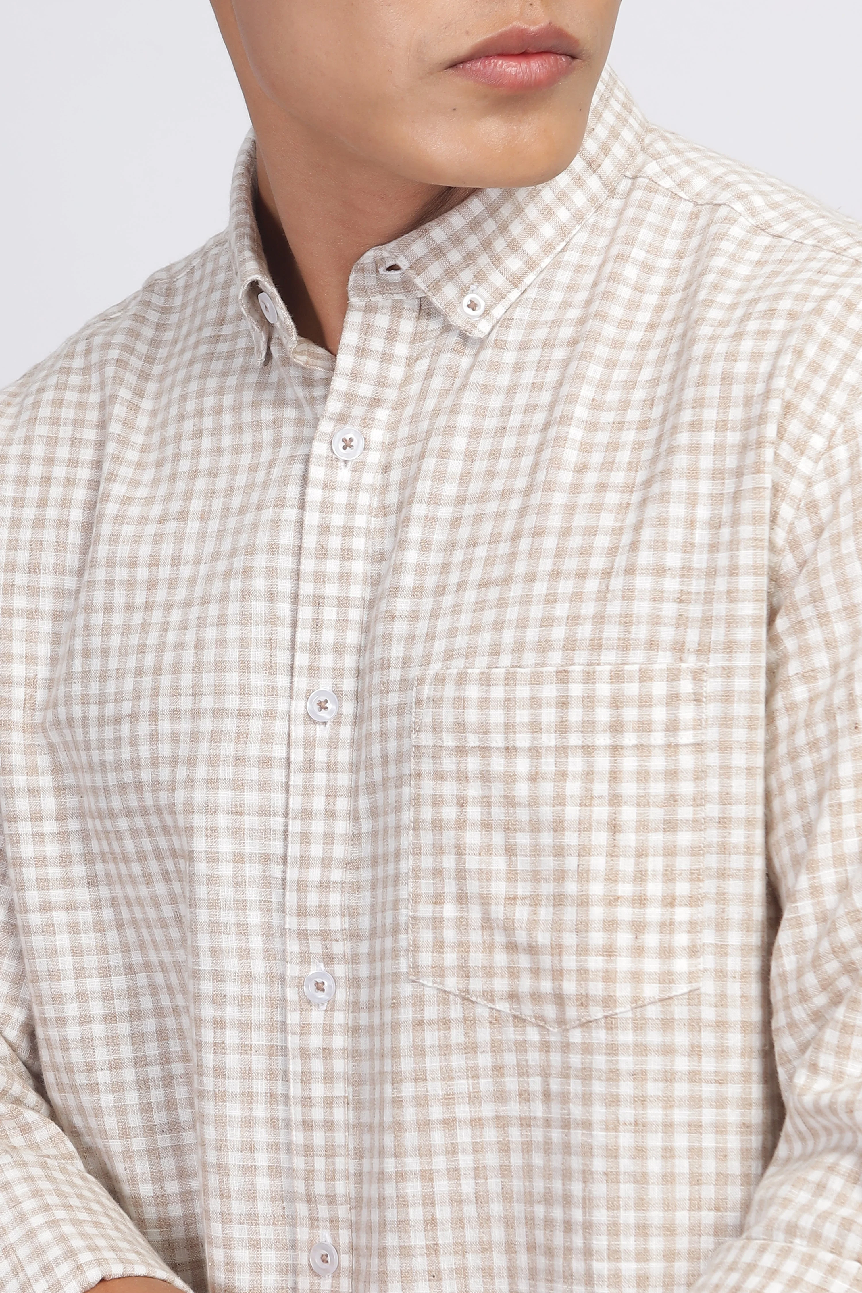 Uri Light Brown Gingham Check Cotton Shirt - Image 8