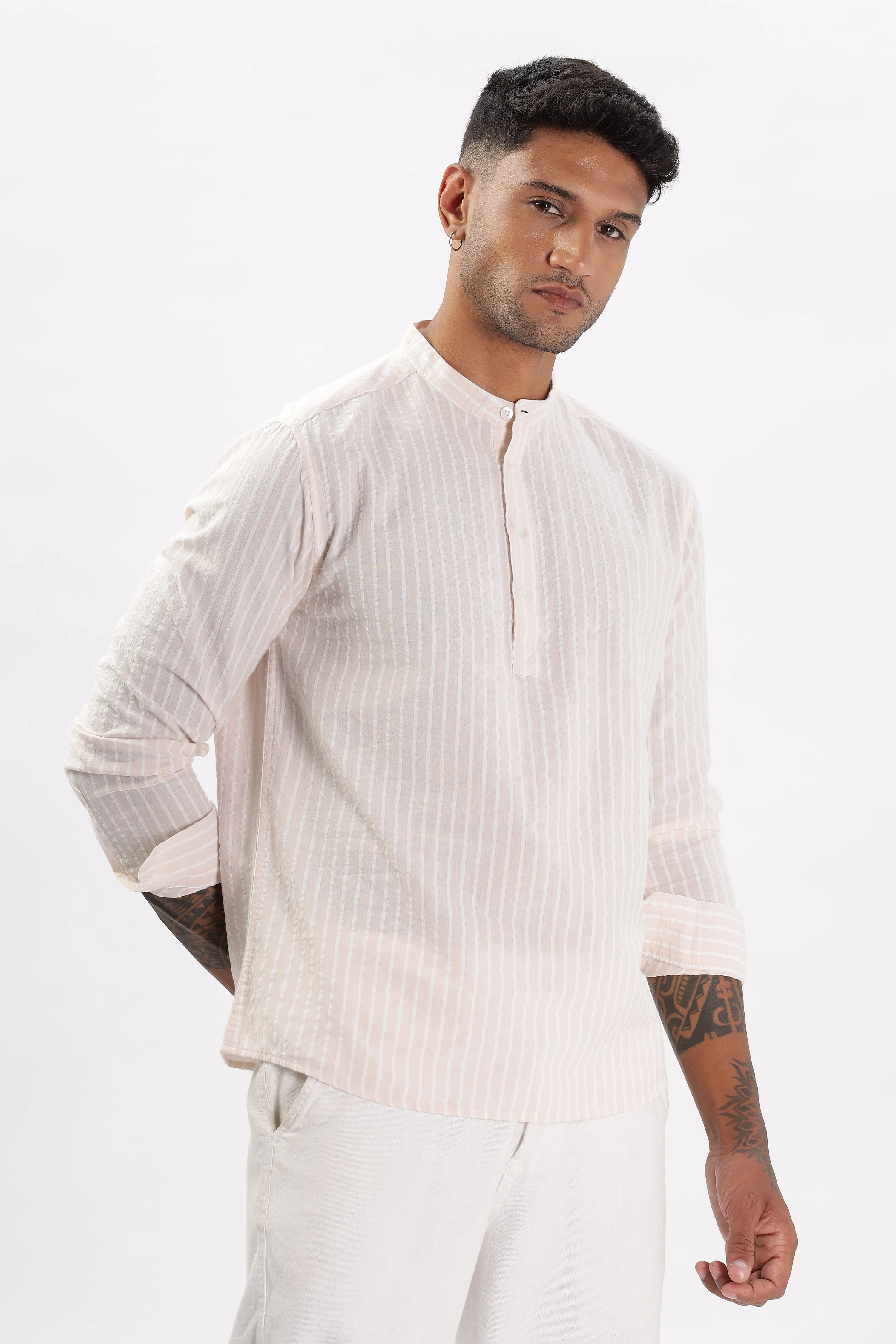 Uri Light Pink Seer Sucker Striped Short Kurta - Image 3