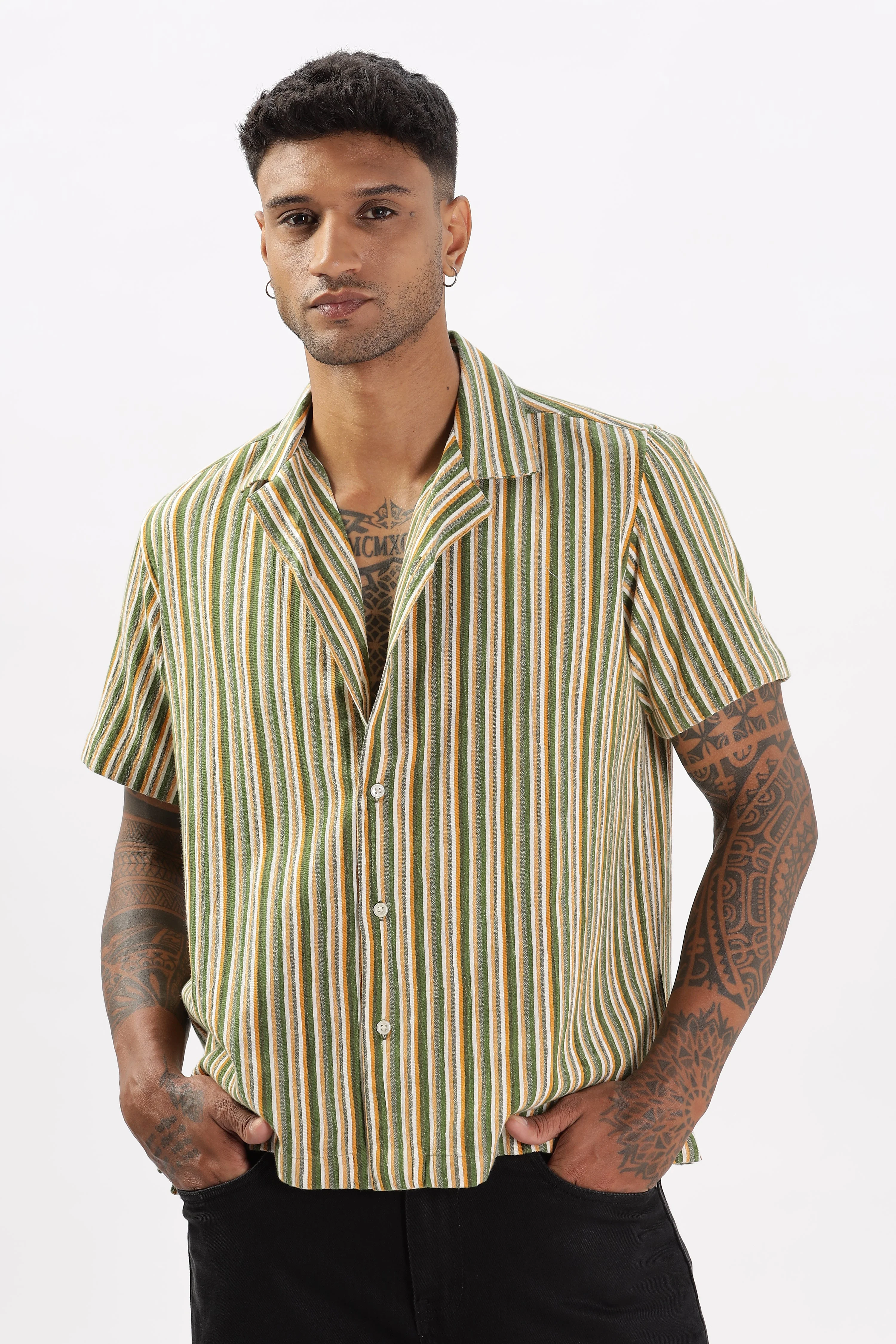 Uri Multicolor Stripe Textured Cuban Collar Shirt - Image 4