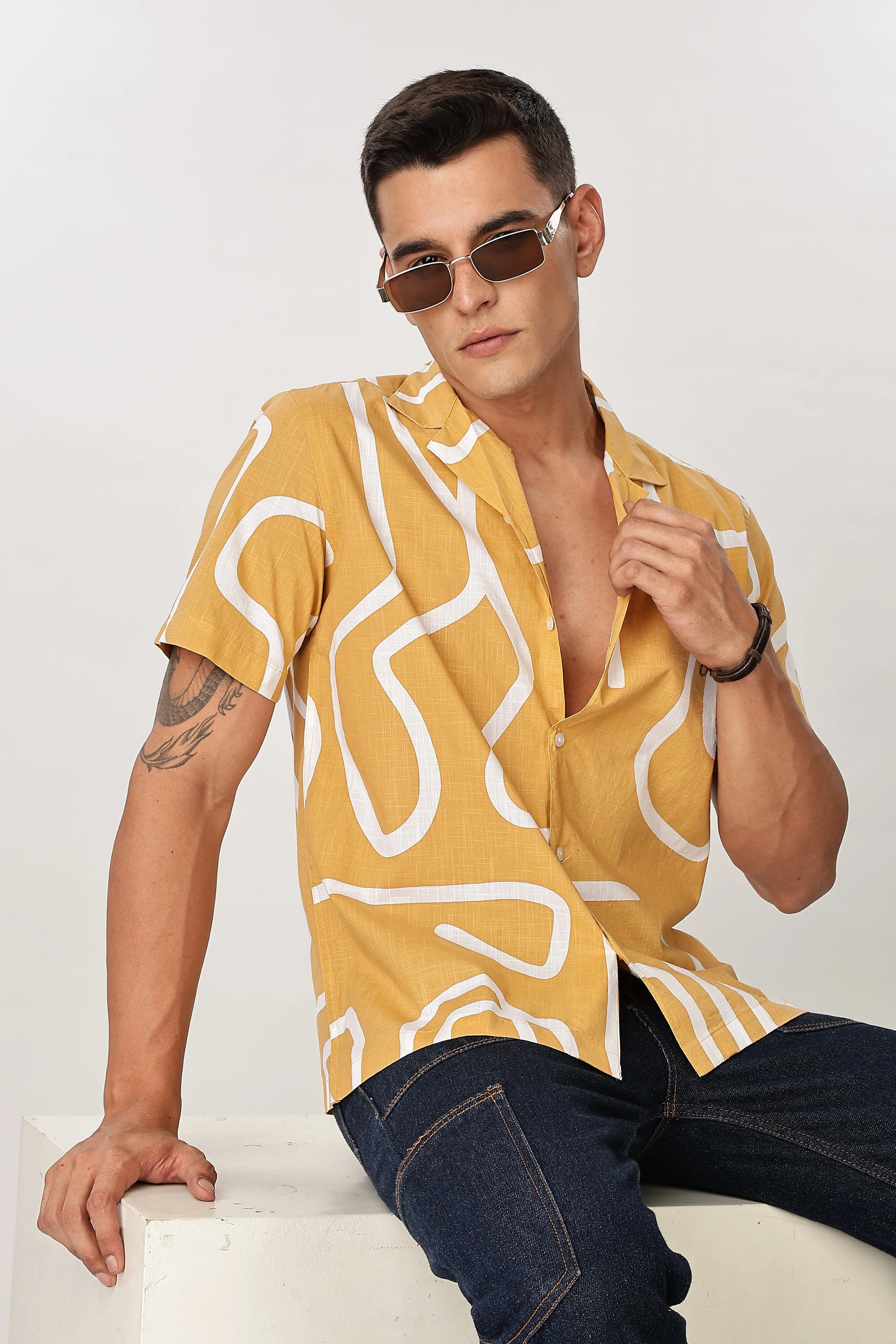 Uri Mustard Abstract Printed Cotton Shirt - Image 15