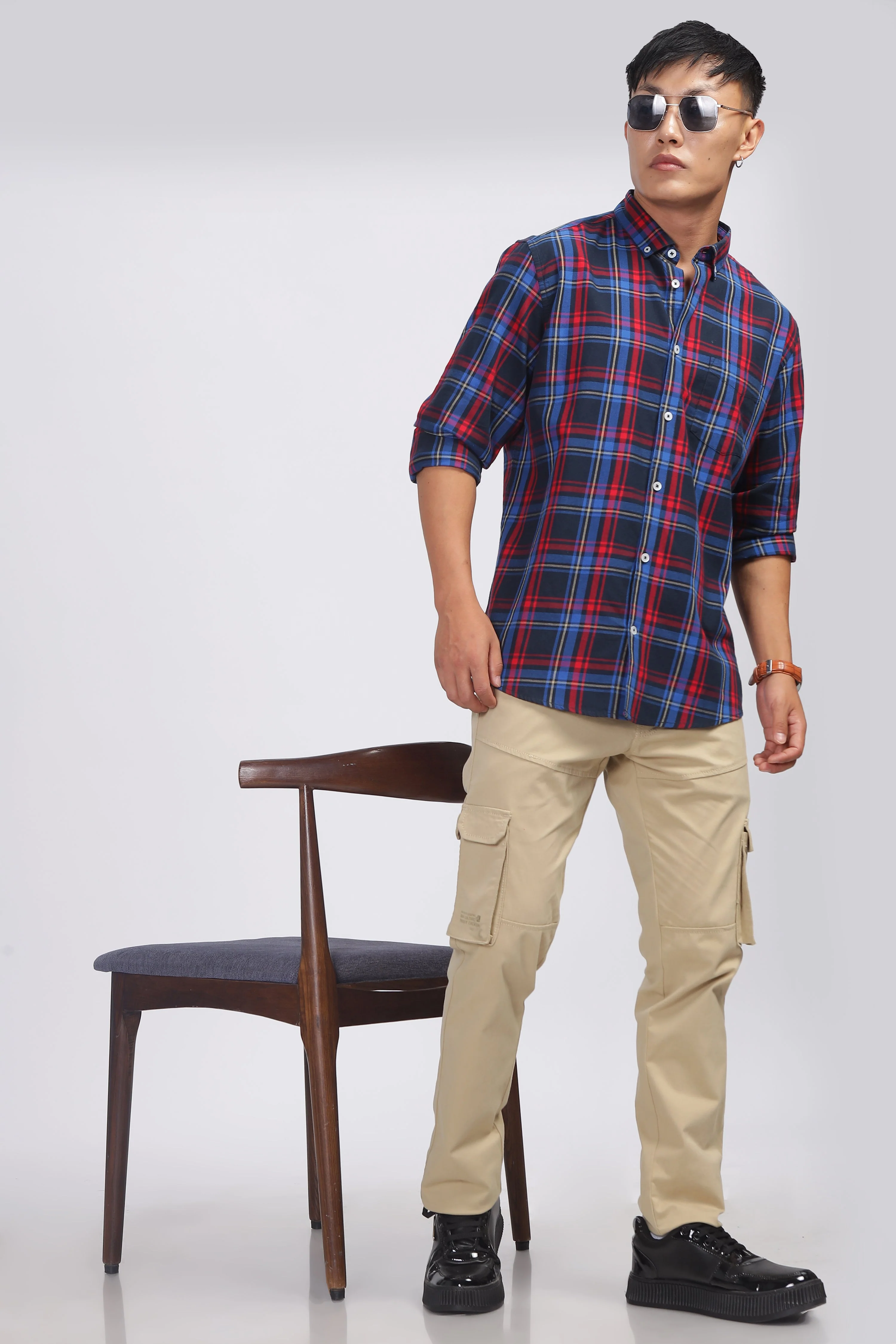 Uri Navy Checked Cotton Casual Shirt - Image 6