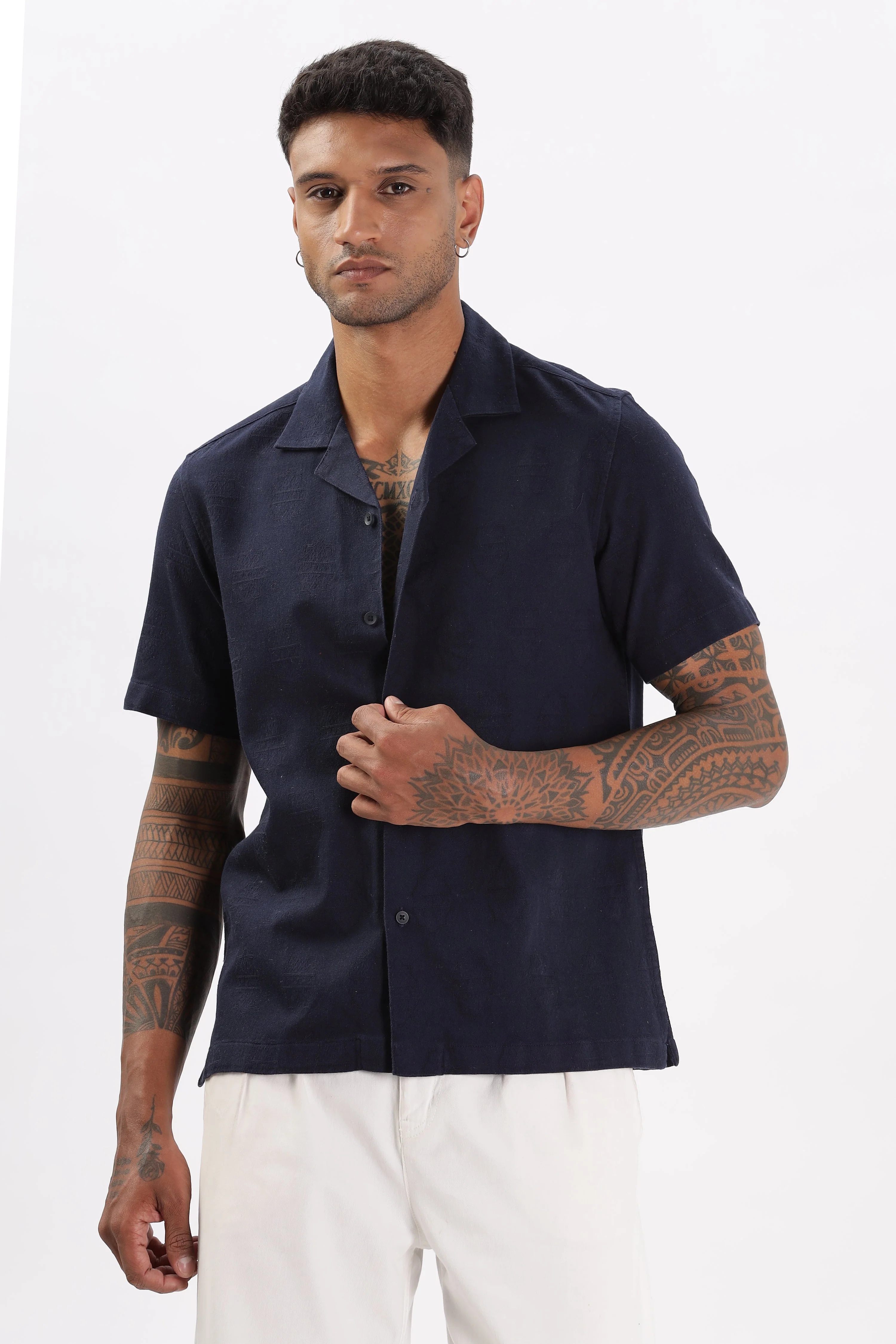 Uri Navy Jacquard Casual Cuban Collar Shirt - Image 2