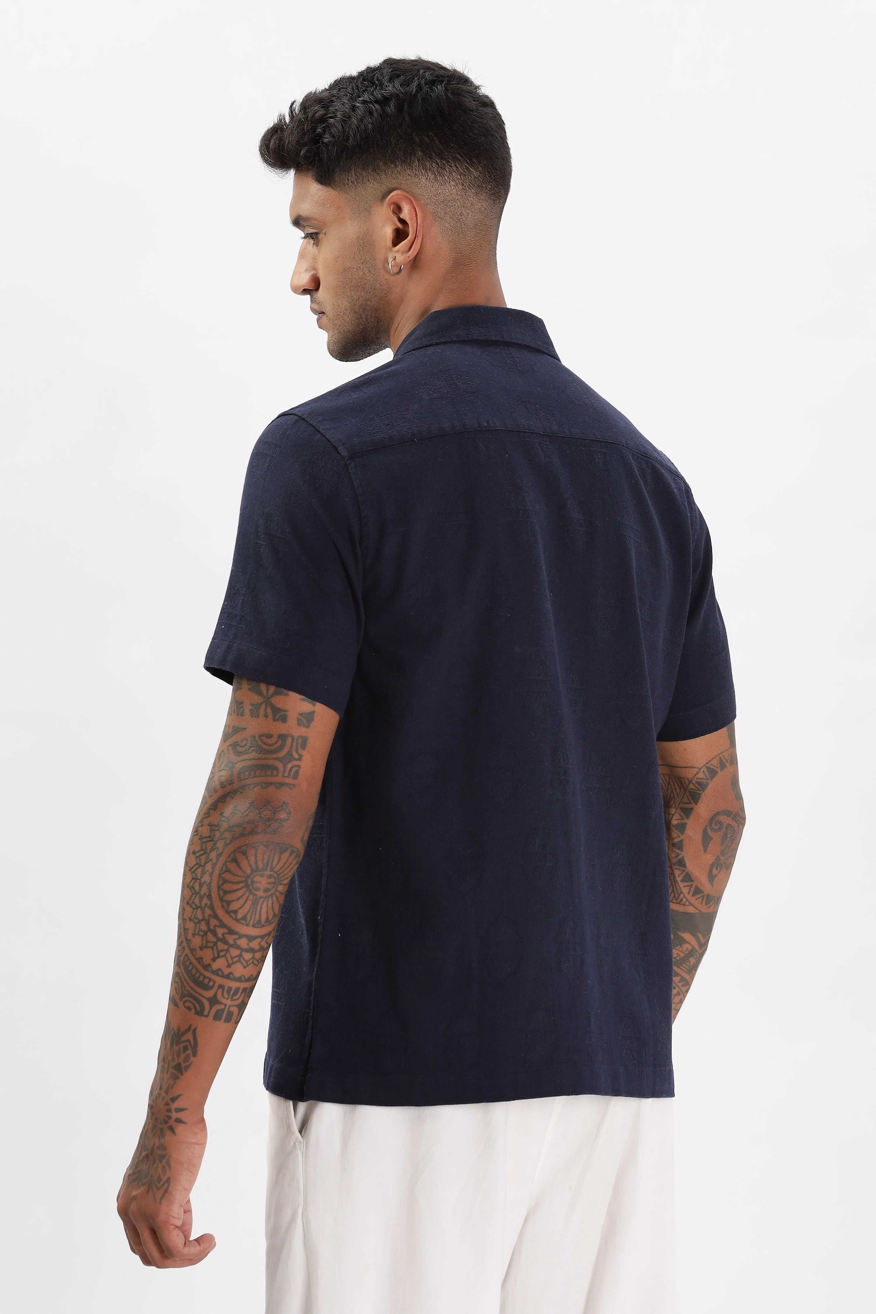 Uri Navy Jacquard Casual Cuban Collar Shirt - Image 4