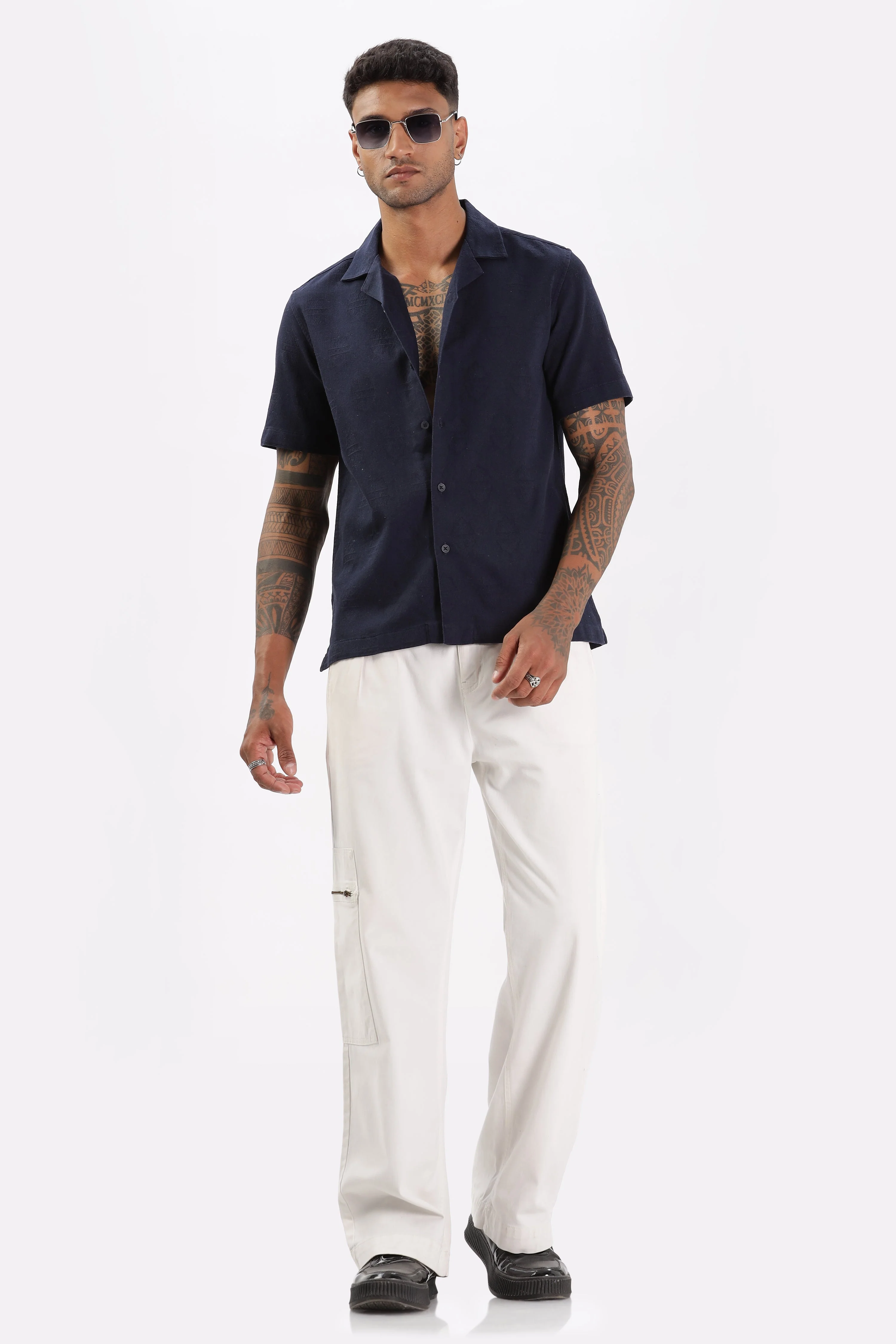 Uri Navy Jacquard Casual Cuban Collar Shirt - Image 5