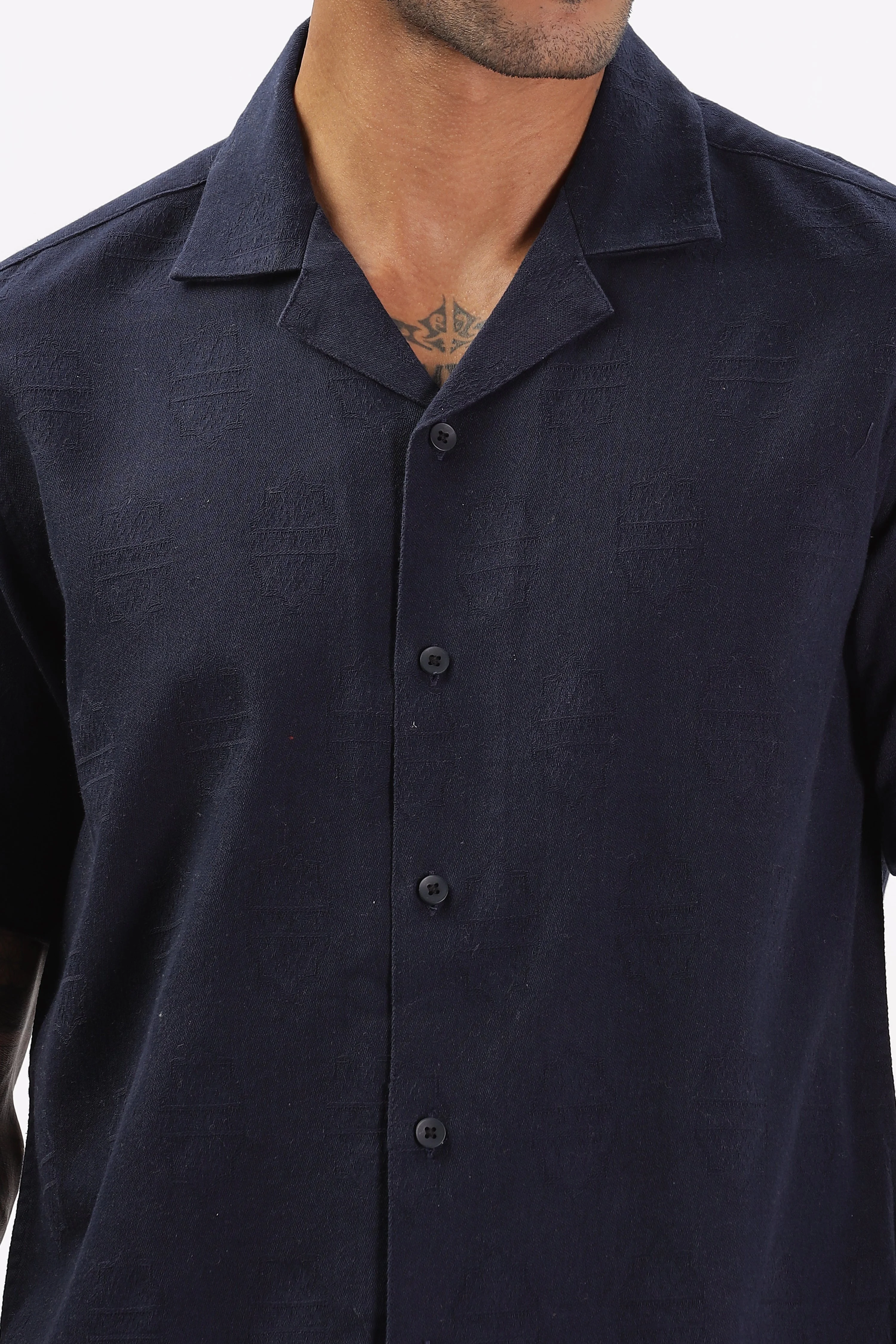 Uri Navy Jacquard Casual Cuban Collar Shirt - Image 7