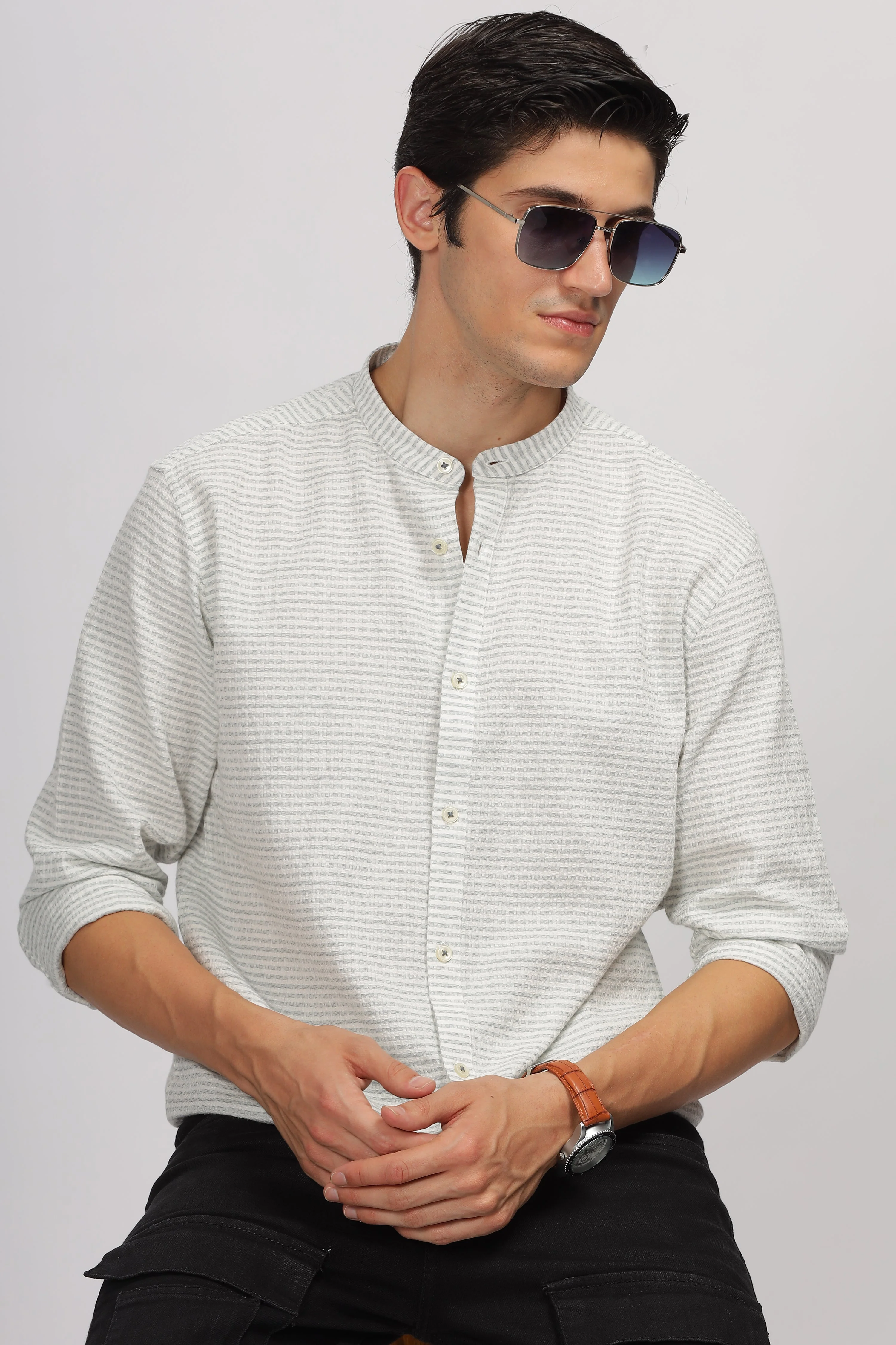Uri Off White Striped Mandarin Collar Shirt