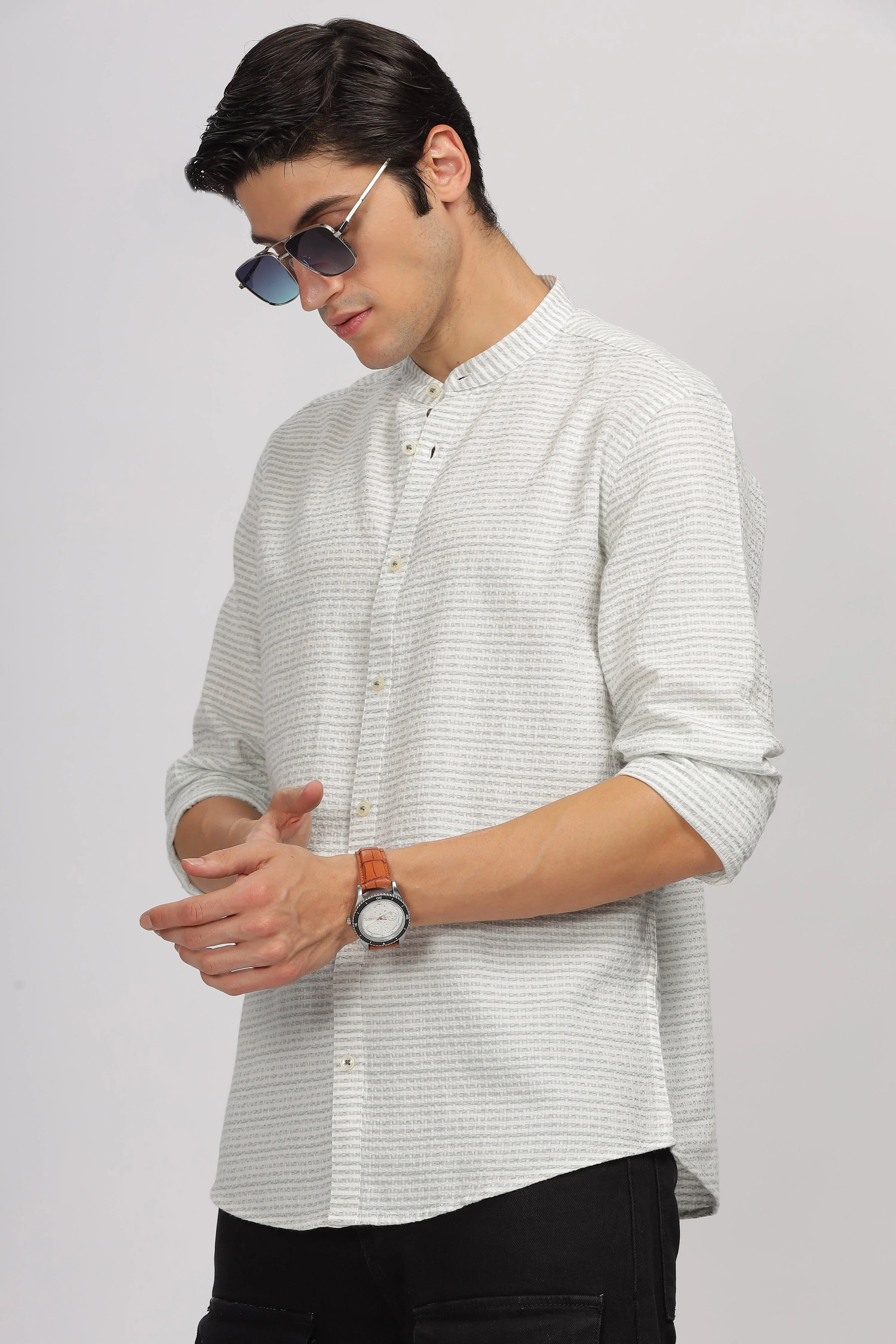 Uri Off White Striped Mandarin Collar Shirt - Image 2