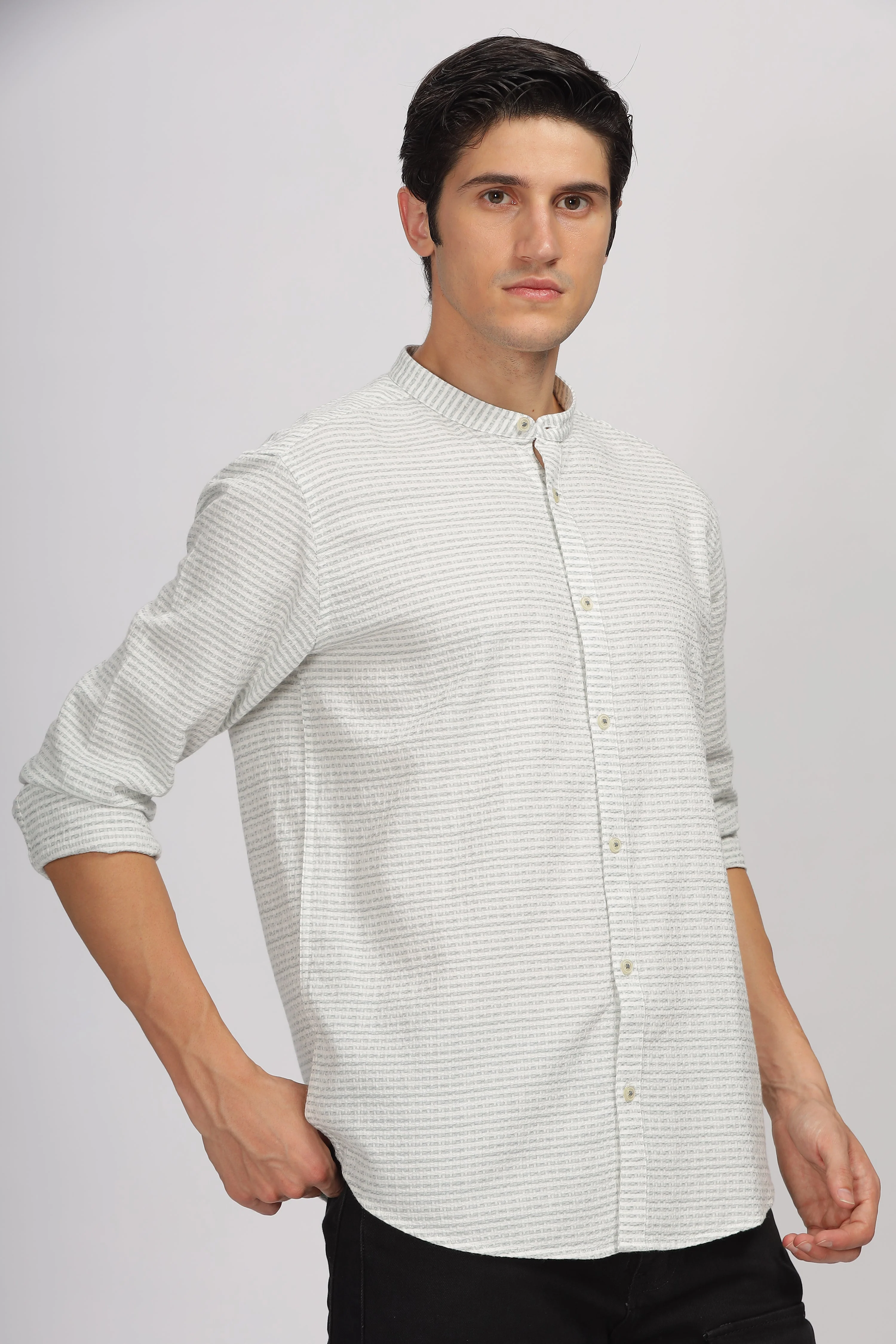 Uri Off White Striped Mandarin Collar Shirt - Image 3
