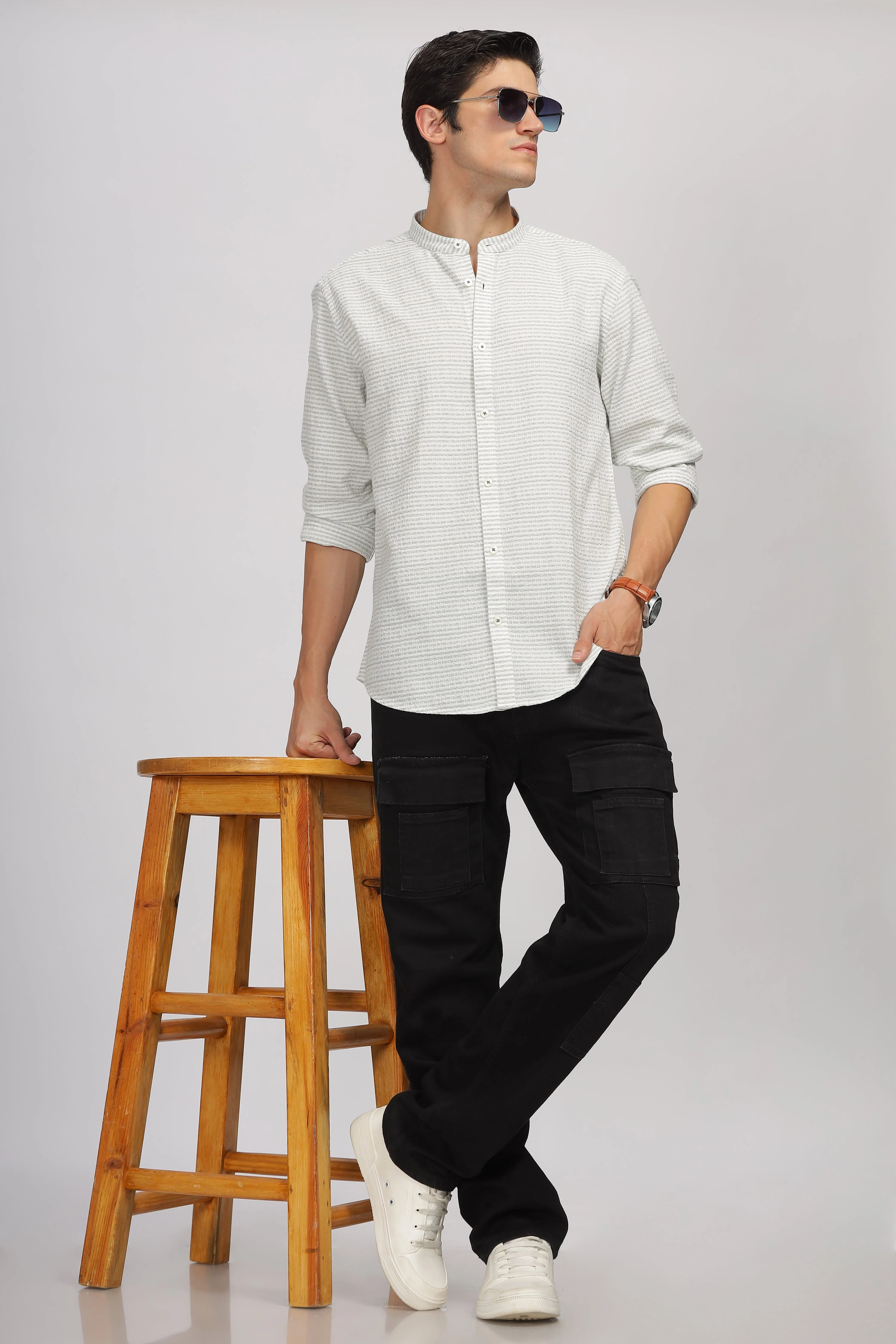 Uri Off White Striped Mandarin Collar Shirt - Image 6