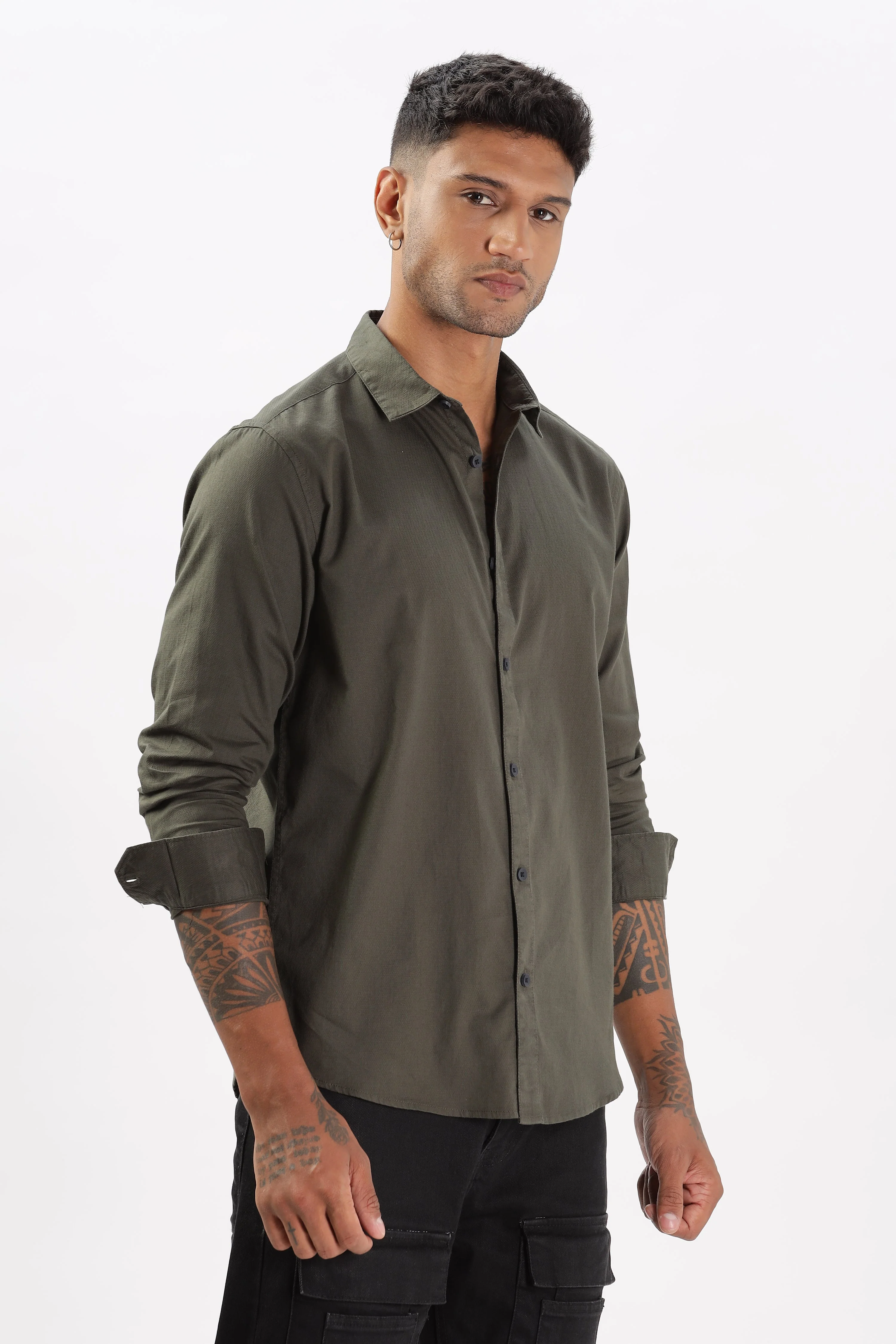 Uri Olive Dobby Textured Casual Shirt - Image 3