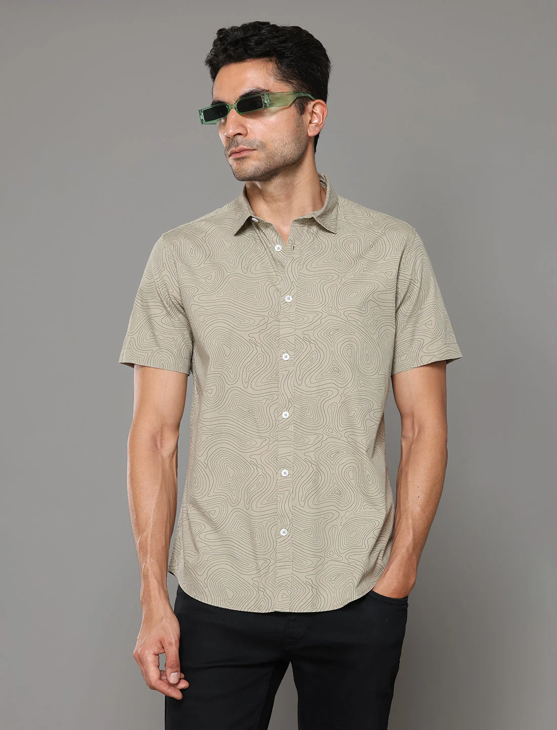 Uri Olive Printed Short Sleeves Shirt - Image 2