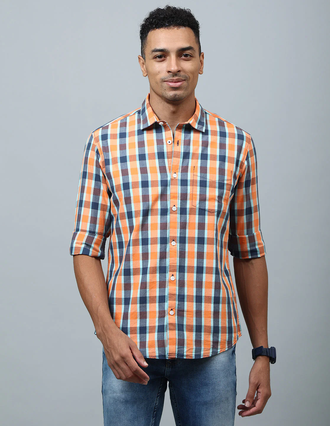 Uri Orange Checked Cotton Regular Fit Casual Shirt - Image 2