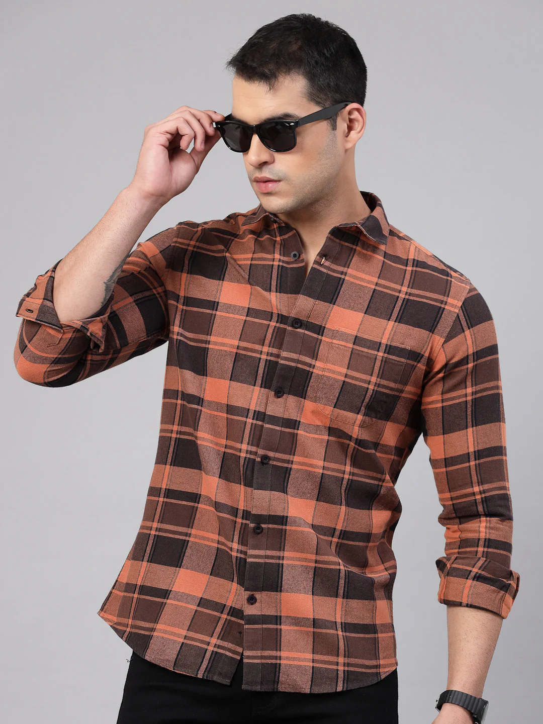 Uri Orange Checked Regular Fit Flannel Cotton Casual Shirt - Image 7