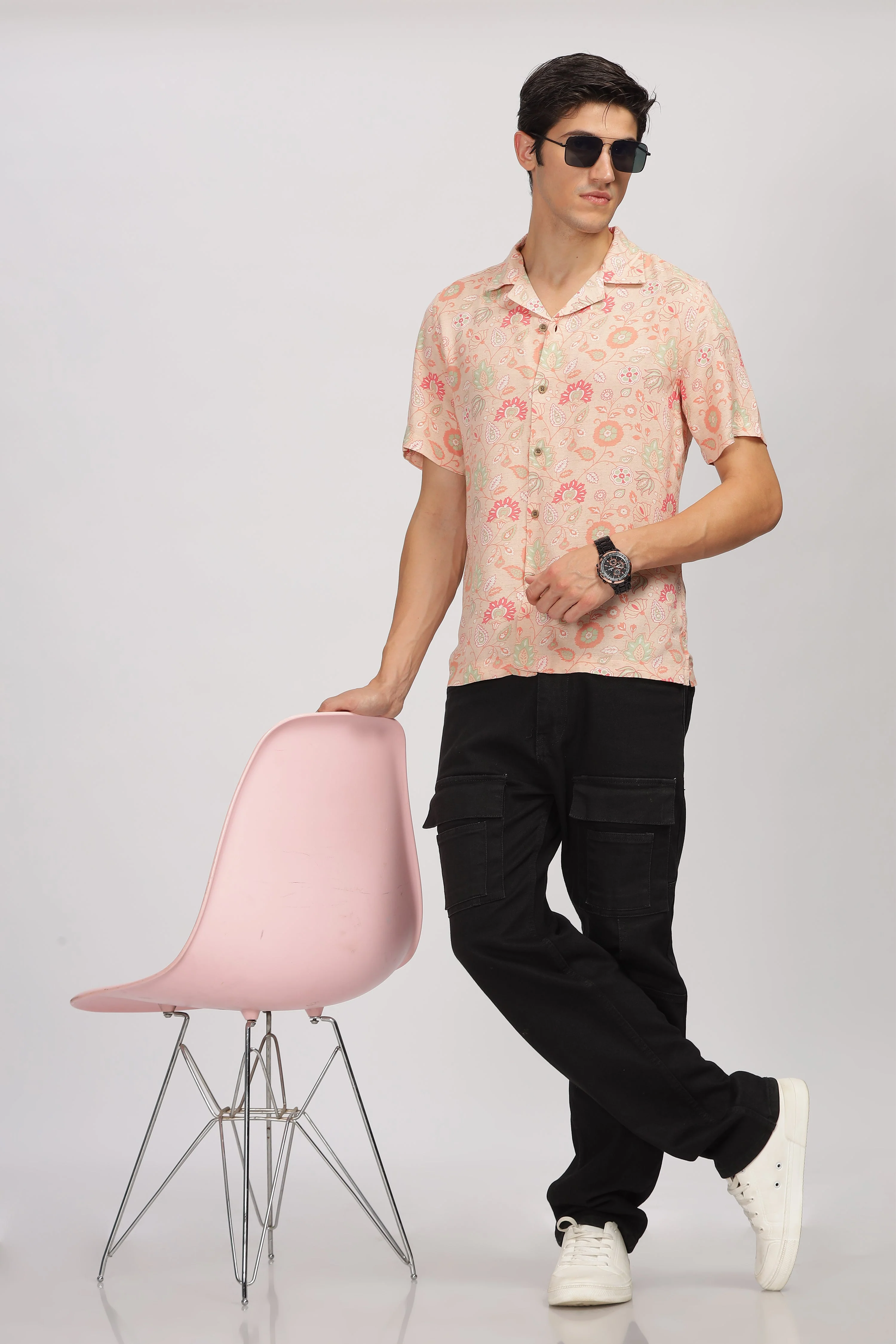 Uri Peach Printed Cuban Collar Shirt - Image 5