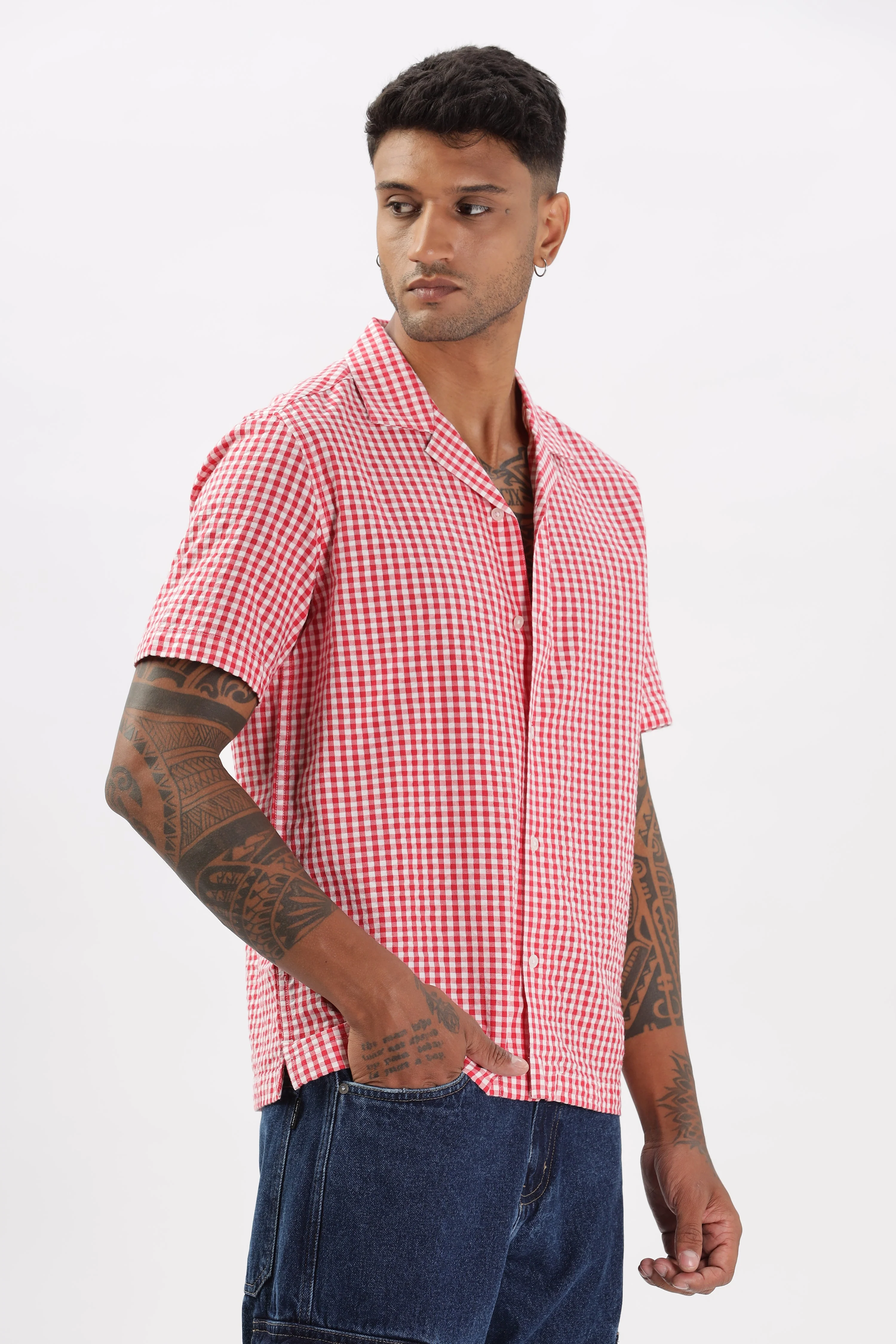 Uri Red Gingham Check Casual Half Sleeve Shirt - Image 4