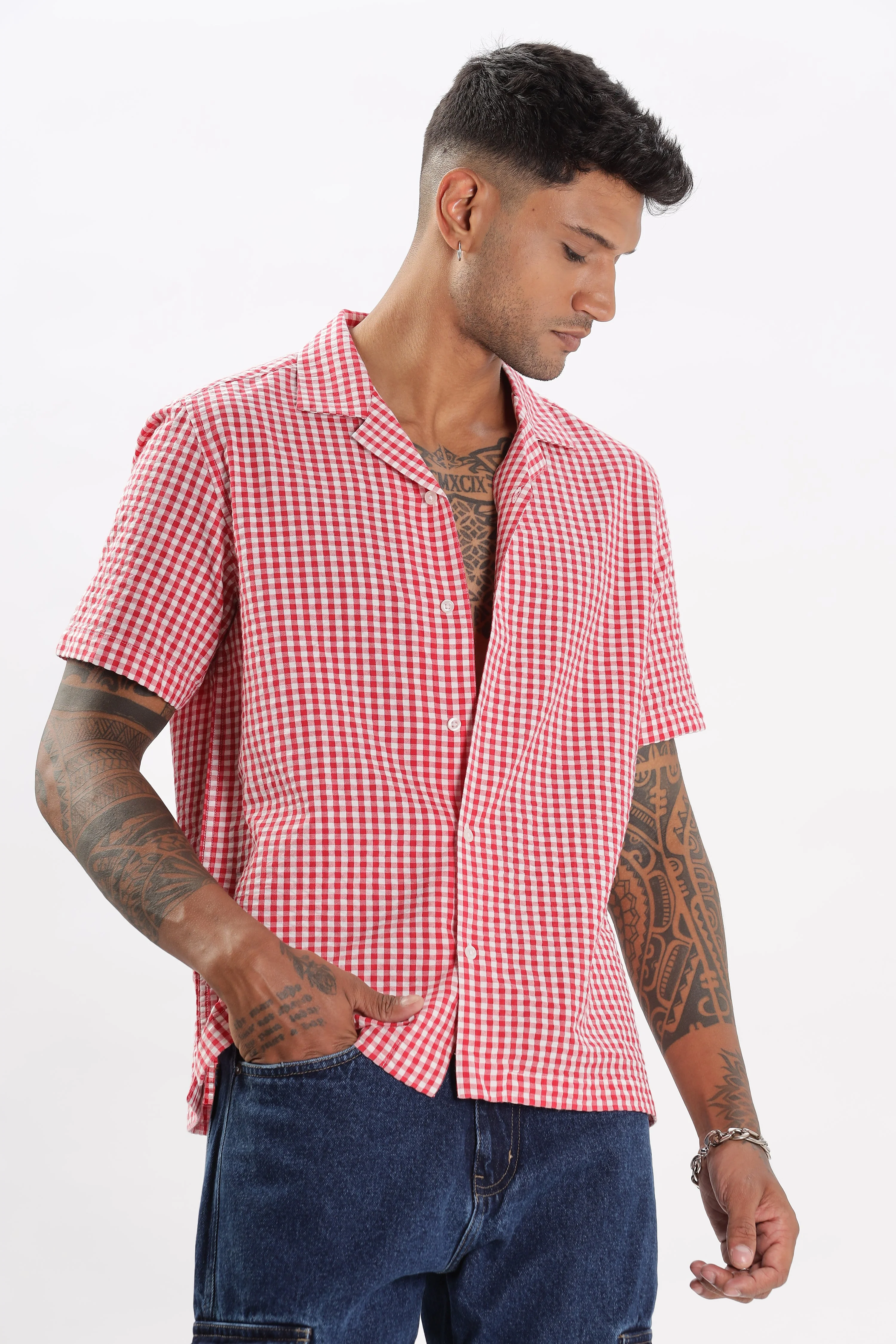 Uri Red Gingham Check Casual Half Sleeve Shirt - Image 9