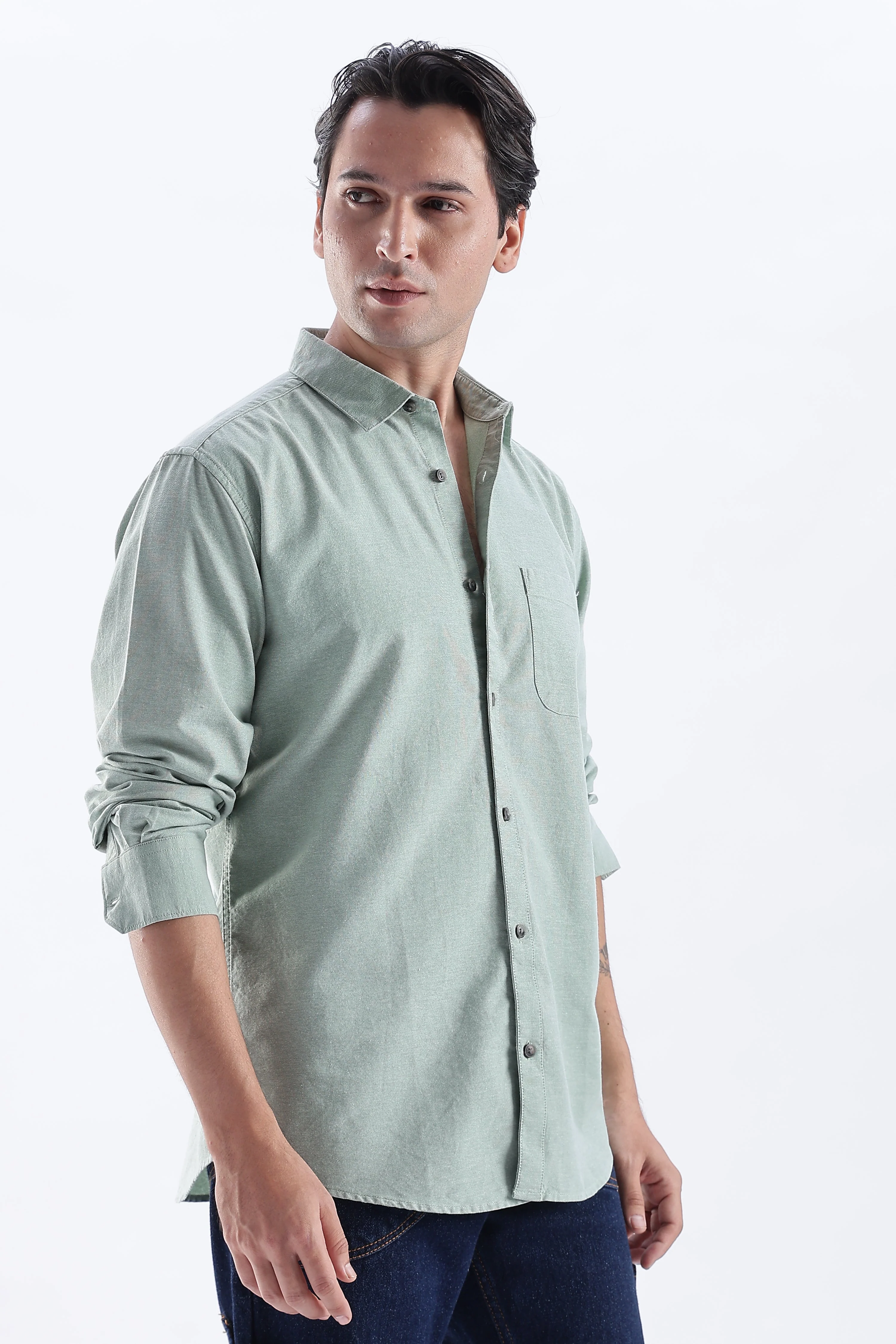 Uri Sea Green Spread Collar Oxford Shirt - Image 2